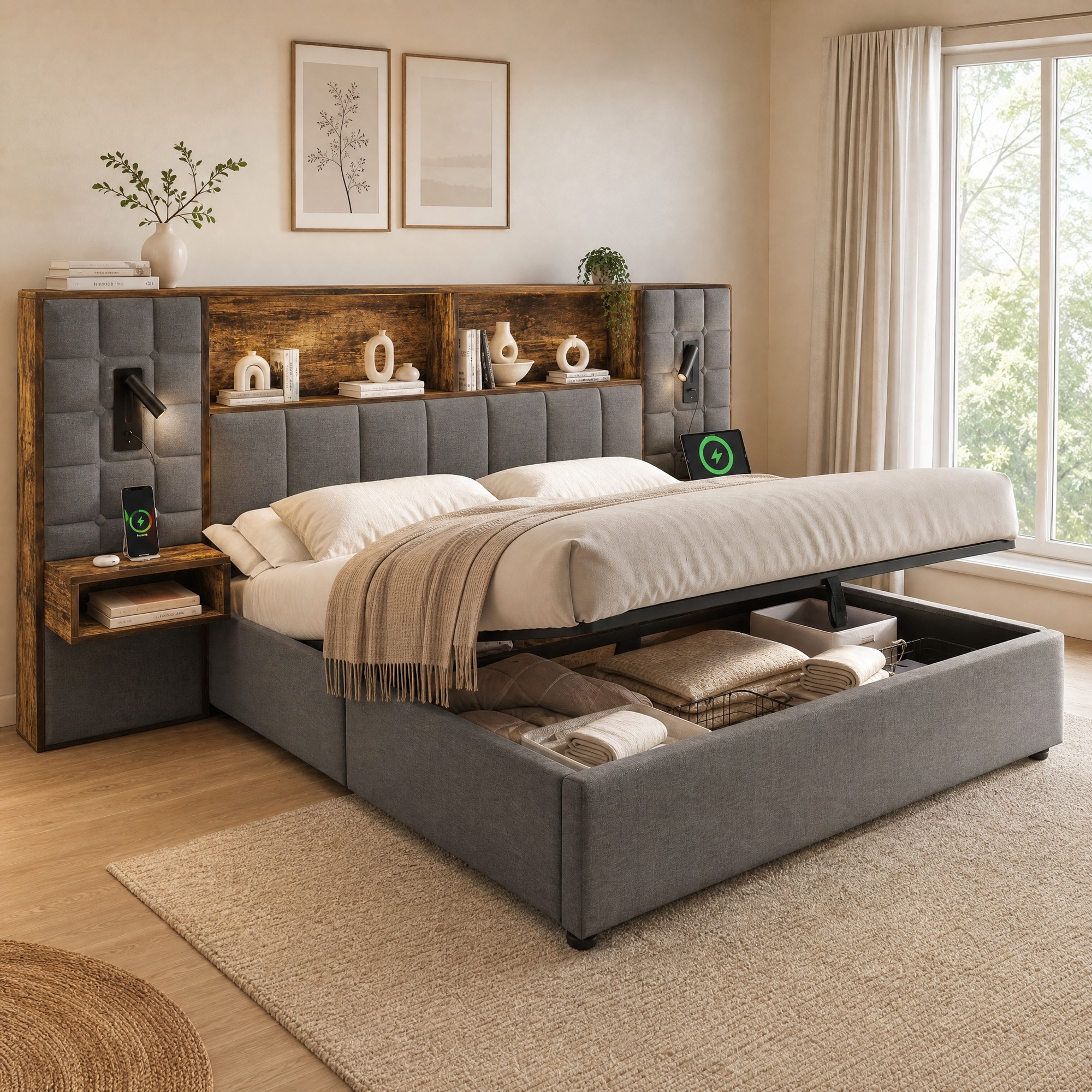 Lit Rembourré 180x200 Avec Rangement, Led, 2 Lampes, Chevets Intégrés, Usb-c, Gris