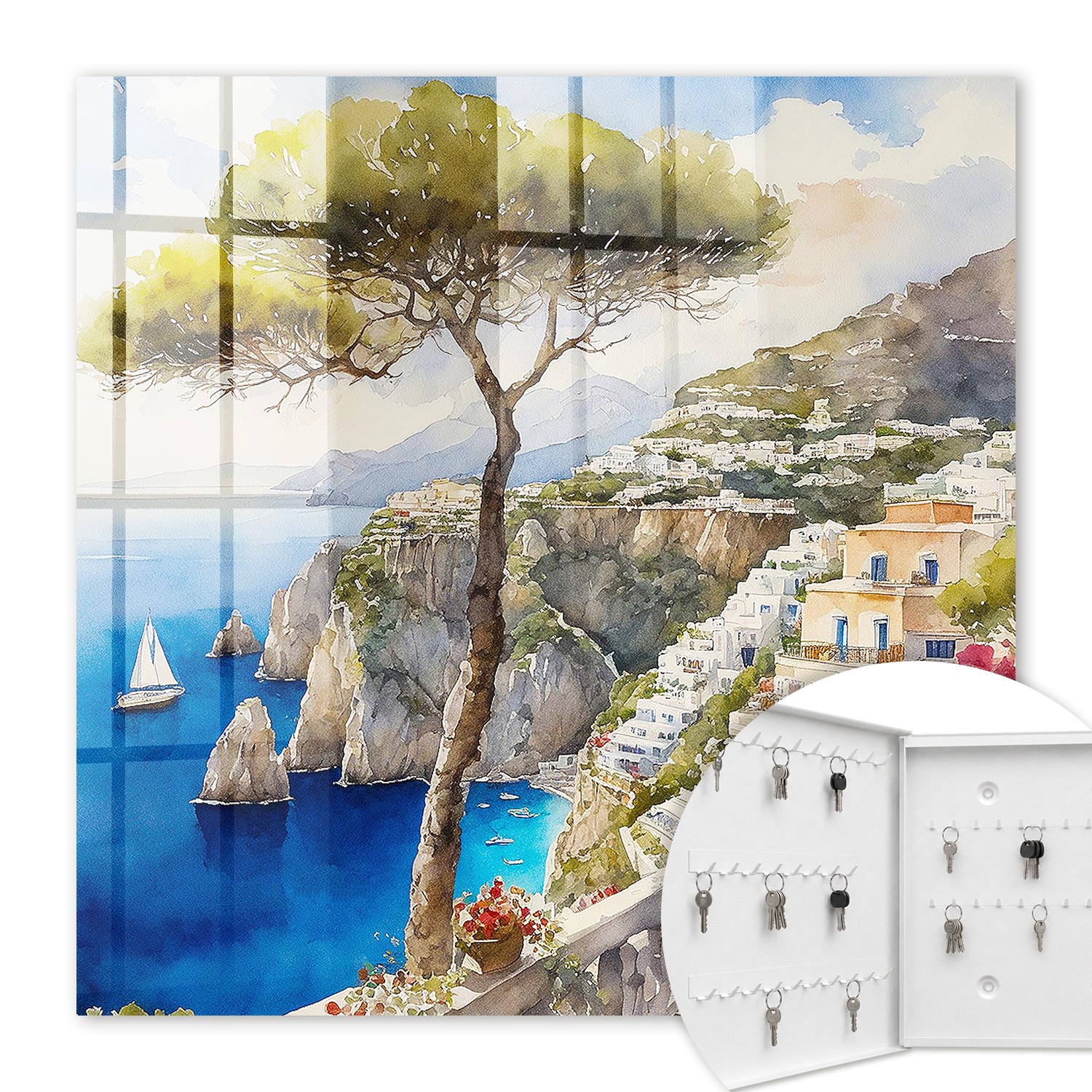 Armoire À Clés - (30 Cm X 30 Cm) - Boîte À Clés Murale - Coffret De Rangement Pour Clés - Couleur Blanche - Ouverture Vers La Gauche - Pour Maison Et Bureau - Paysage Méditerranéen