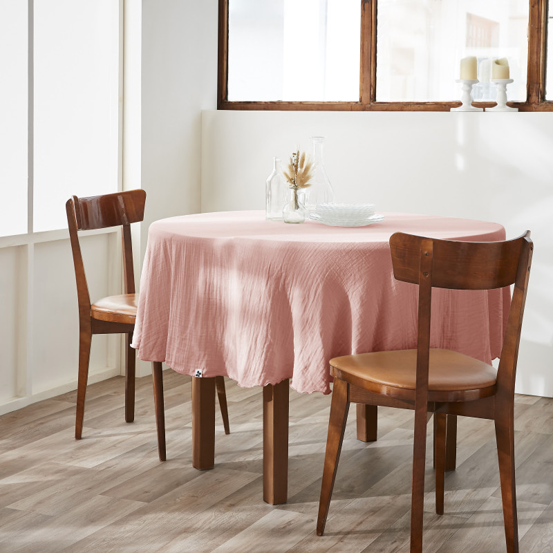 Nappe De Table "gaïa" Ronde 180 Cm "gaze De Coton" L'Effet Papillon - Gaia Rose Pêche -