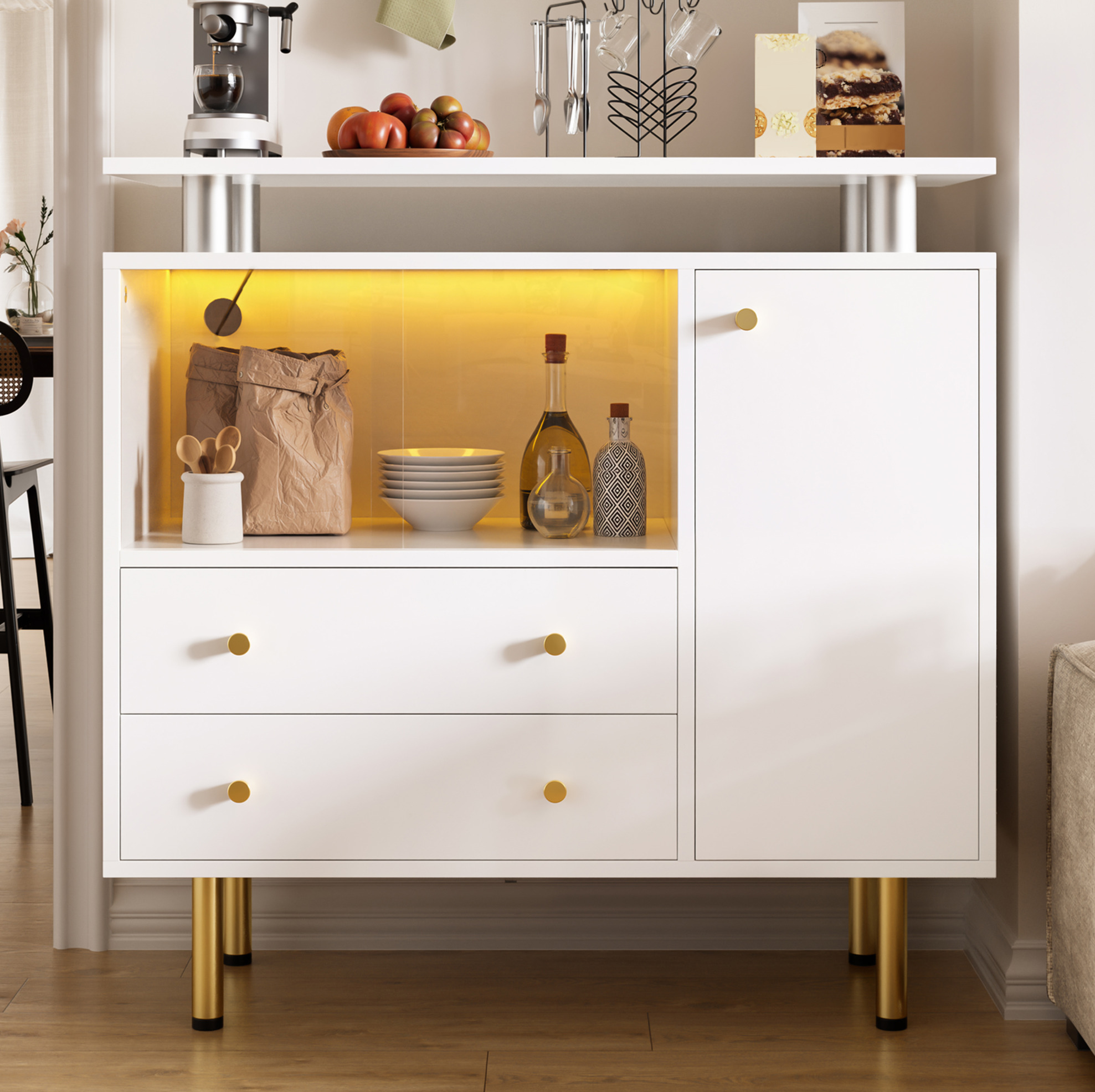 Buffet Moderne Led Blanc 80 X 35 X 80 Cm, 2 Portes Coulissantes En Verre, 2 Tiroirs Et 1 Porte
