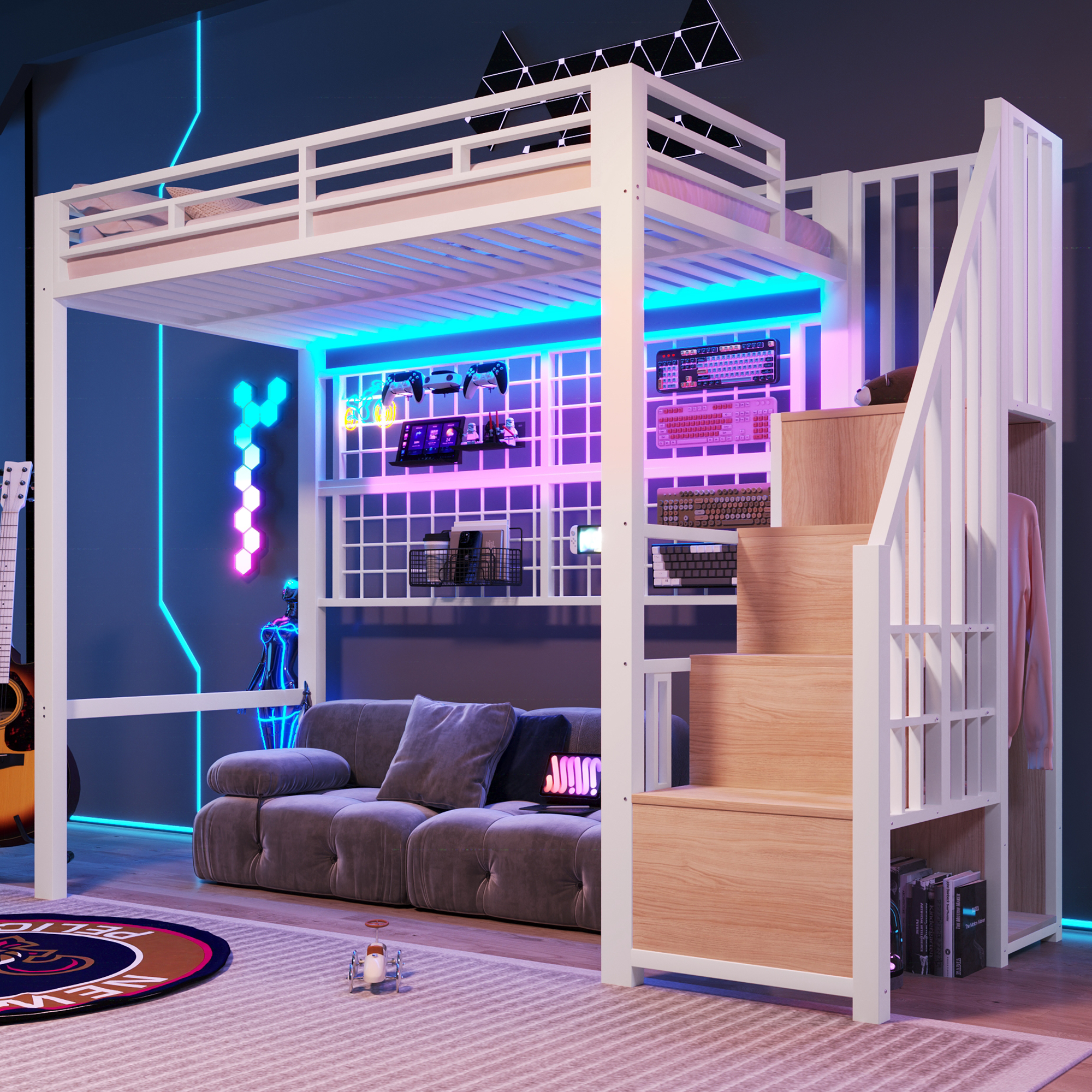 Redom Lit Mezzanine 90x200 Cm Avec Armoire Échelle De Rangement, Grille Suspendue, Led Métal Blanc (sans Matelas)