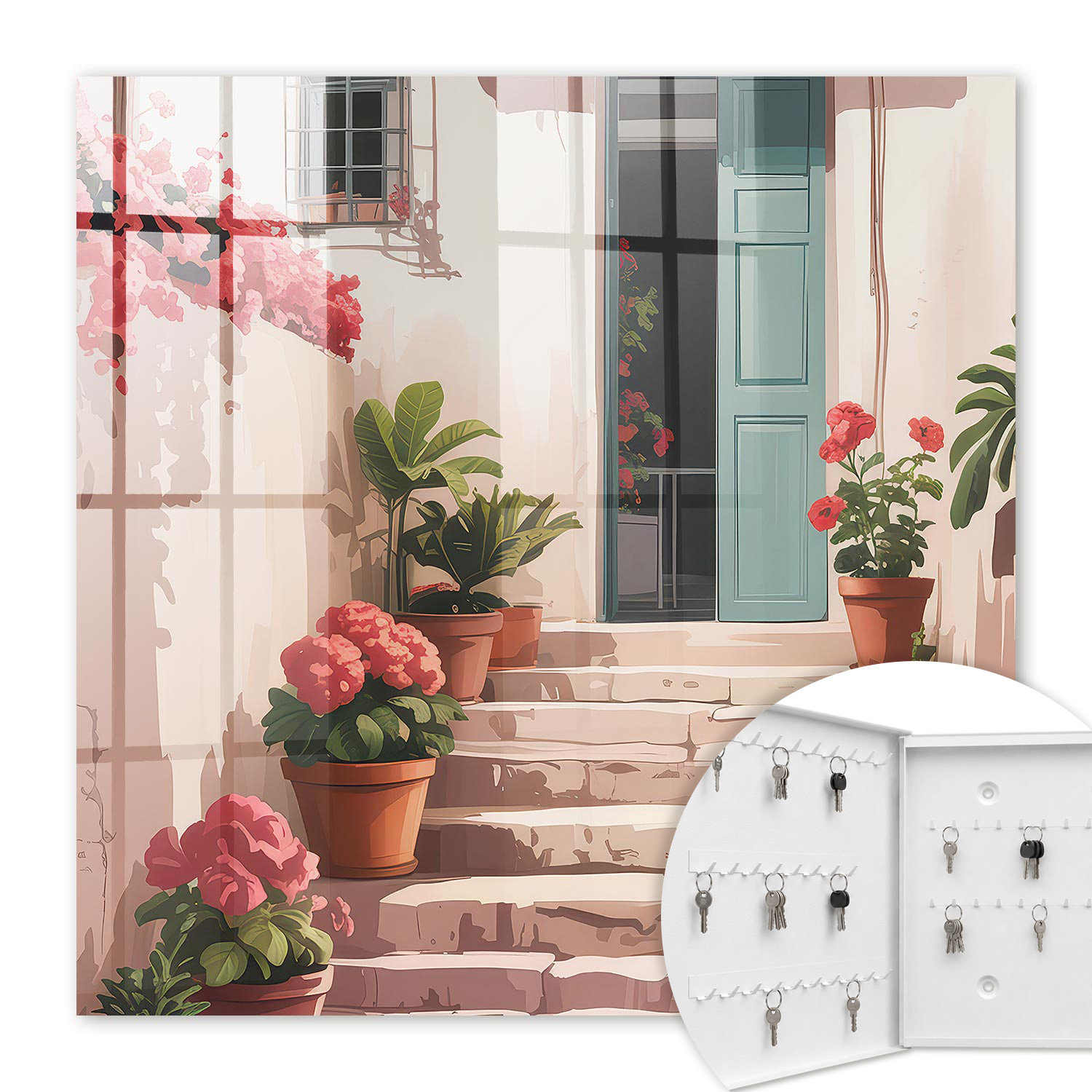 Armoire À Clés - (30 Cm X 30 Cm) - Boîte À Clés Murale - Coffret De Rangement Pour Clés - Couleur Blanche - Ouverture Vers La Gauche - Pour Maison Et Bureau - Escalier Fleuri