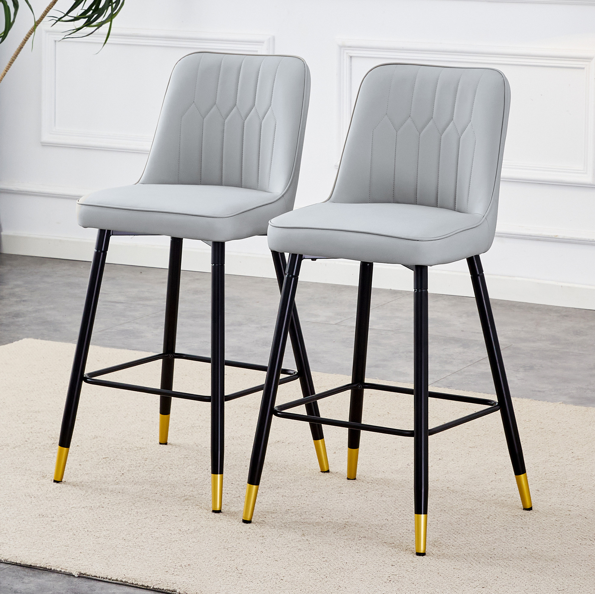 Redom - Lot De 2 Tabourets De Bar Dossier Ergonomique, Repose Pieds, Structure En Métal Noir,en Pu Gris Clair,