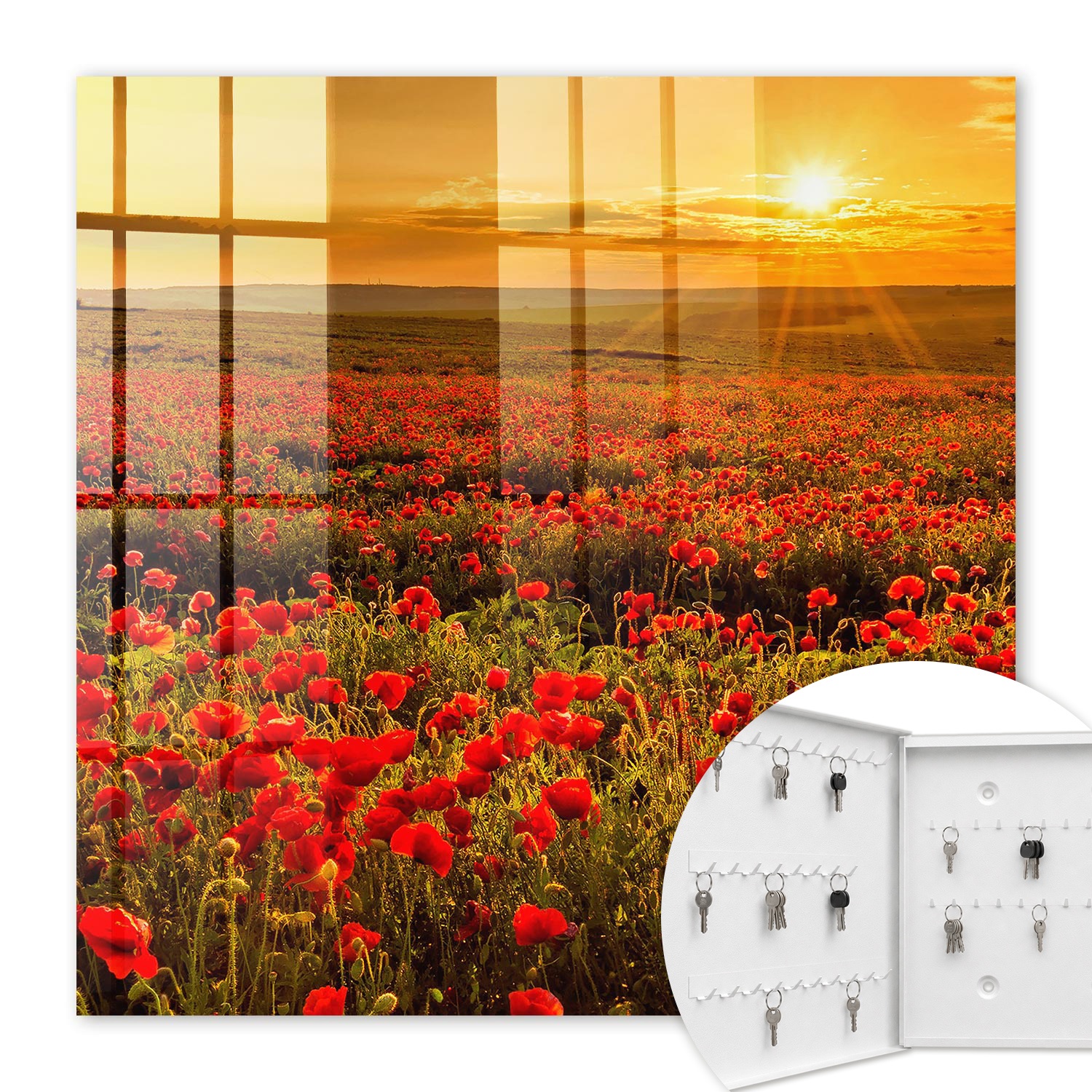 Armoire À Clés - (30 Cm X 30 Cm) - Boîte À Clés Murale - Coffret De Rangement Pour Clés - Couleur Blanche - Ouverture Vers La Gauche - Pour Maison Et Bureau - Champs De Pavots