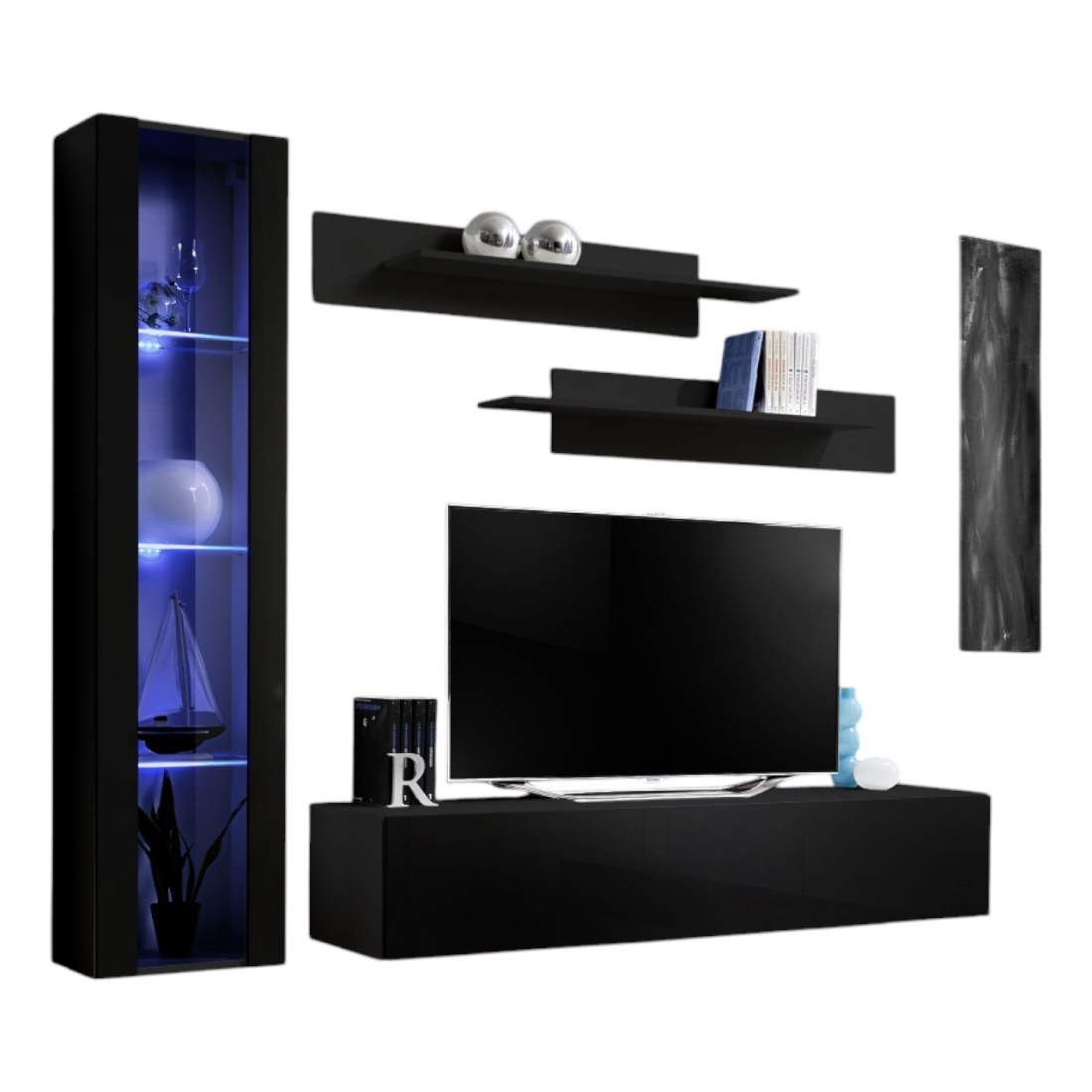 Meublorama - Meuble Tv Fly G2 Design, Coloris Noir Brillant. Meuble Suspendu Moderne Et Tendance Pour Votre Salon.