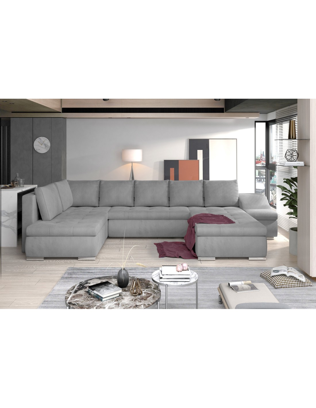 Canapé Panoramique Gyovani Gris Clair Et Noir Angle Droit Convertible Couchage 140x294cm
