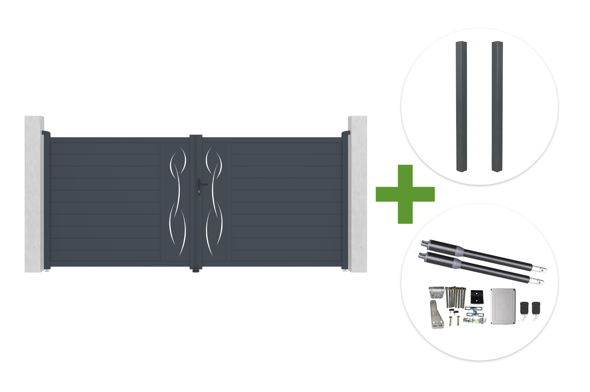 Portail Battant 4m Life H.180cm Aluminium Gris + 2 Poteaux Elda + Motorisation Ranger B150
