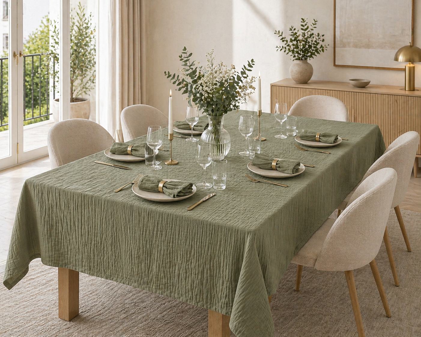 Nappe Rectangle 150 X 350 Cm + 6 Serviettes De Table - Double Gaze De Coton Gaïa Romarin