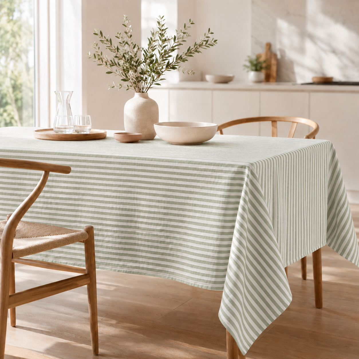Nappe 150 X 250 Cm Double Gaze De Coton Rayée Eucalyptus- Livia