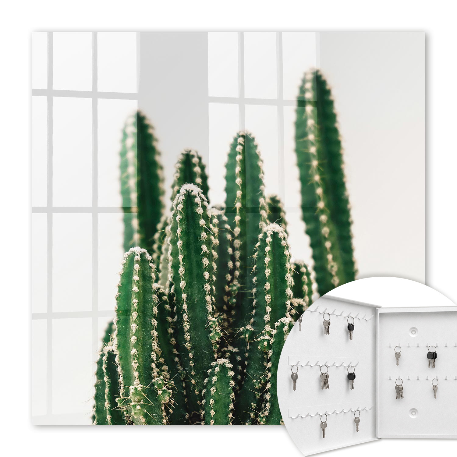Armoire À Clés - (30 Cm X 30 Cm) - Boîte À Clés Murale - Coffret De Rangement Pour Clés - Couleur Blanche - Ouverture Vers La Gauche - Pour Maison Et Bureau - Cactus Verts