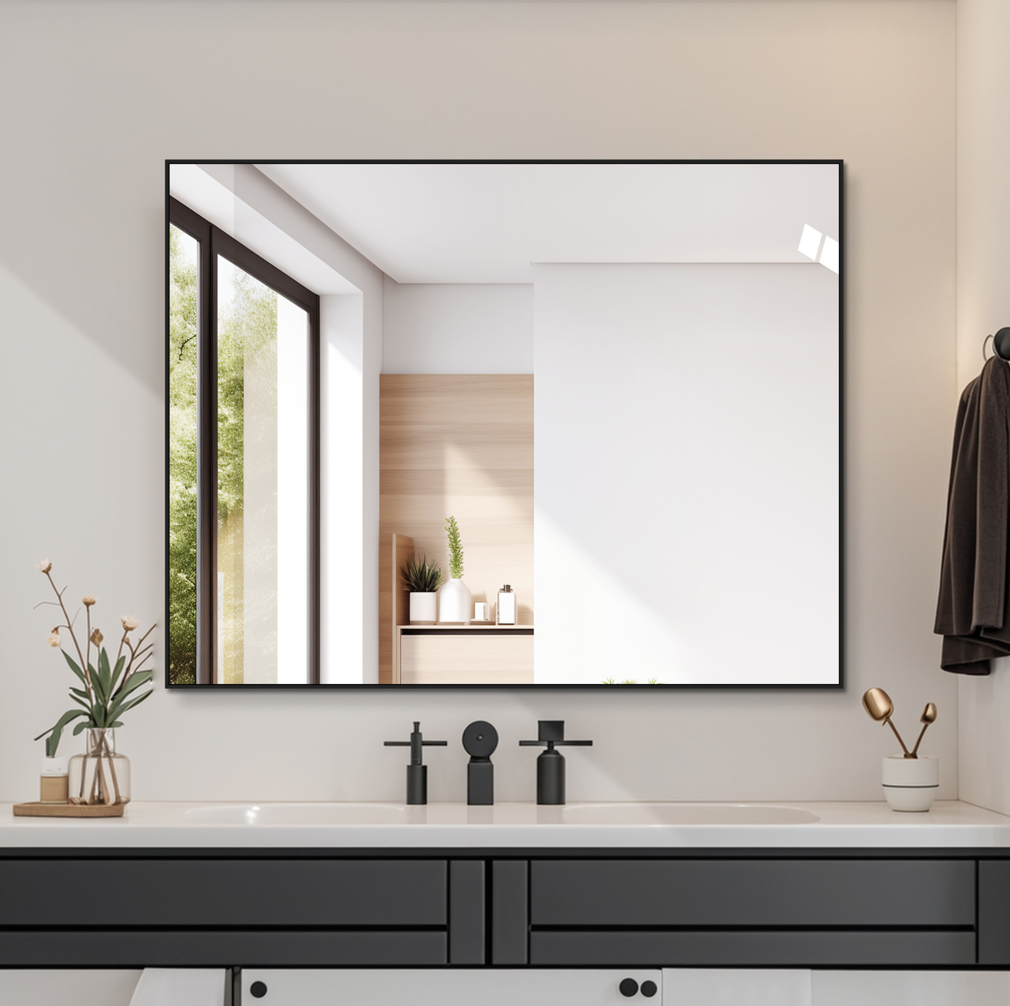 Miroir De Salle De Bains 70 X 90 Cm Avec Cadre Aluminium Noir, Mural, Horizontal Ou Vertical Redom