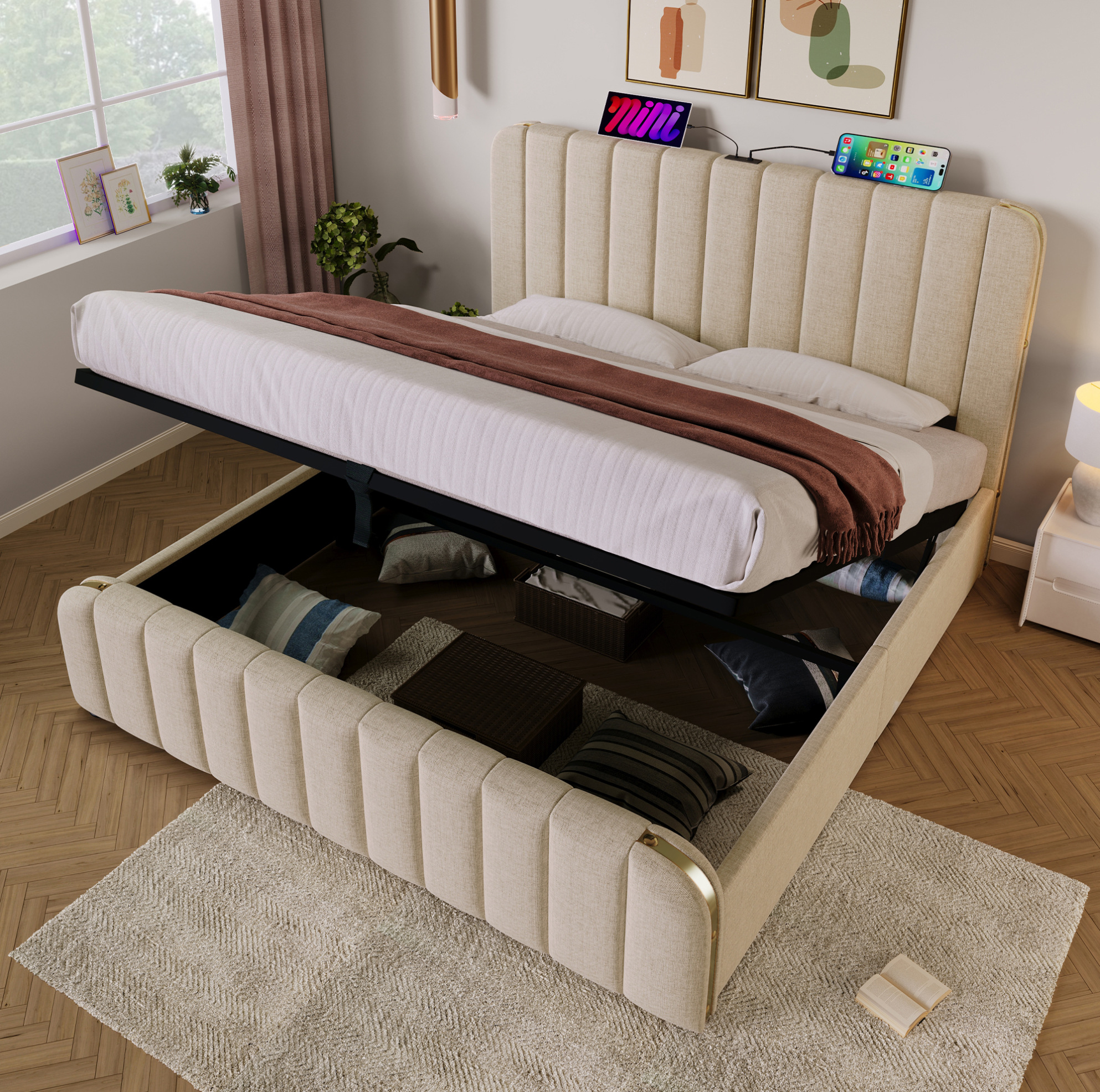 Lit Double Coffre 180x200 Cm Avec Tête De Lit Beige En Lin, Lattes En Bois, Ports Usb Et Usb-c