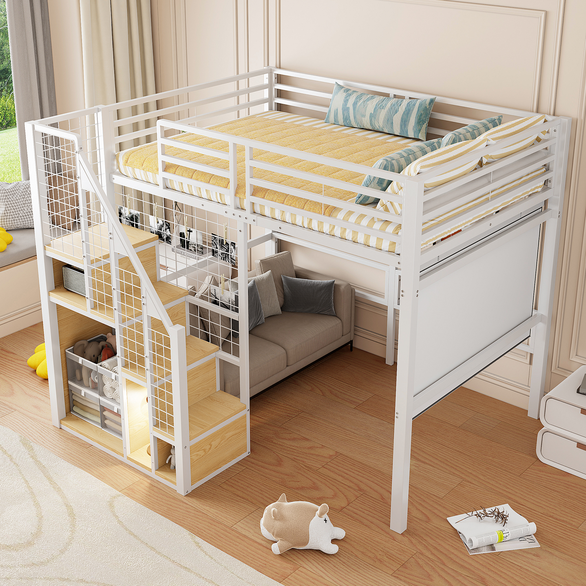 Redom Lit Mezzanine 140x200 Cm Avec Rangement Et Escalier En Métal Blanc (sans Matelas)