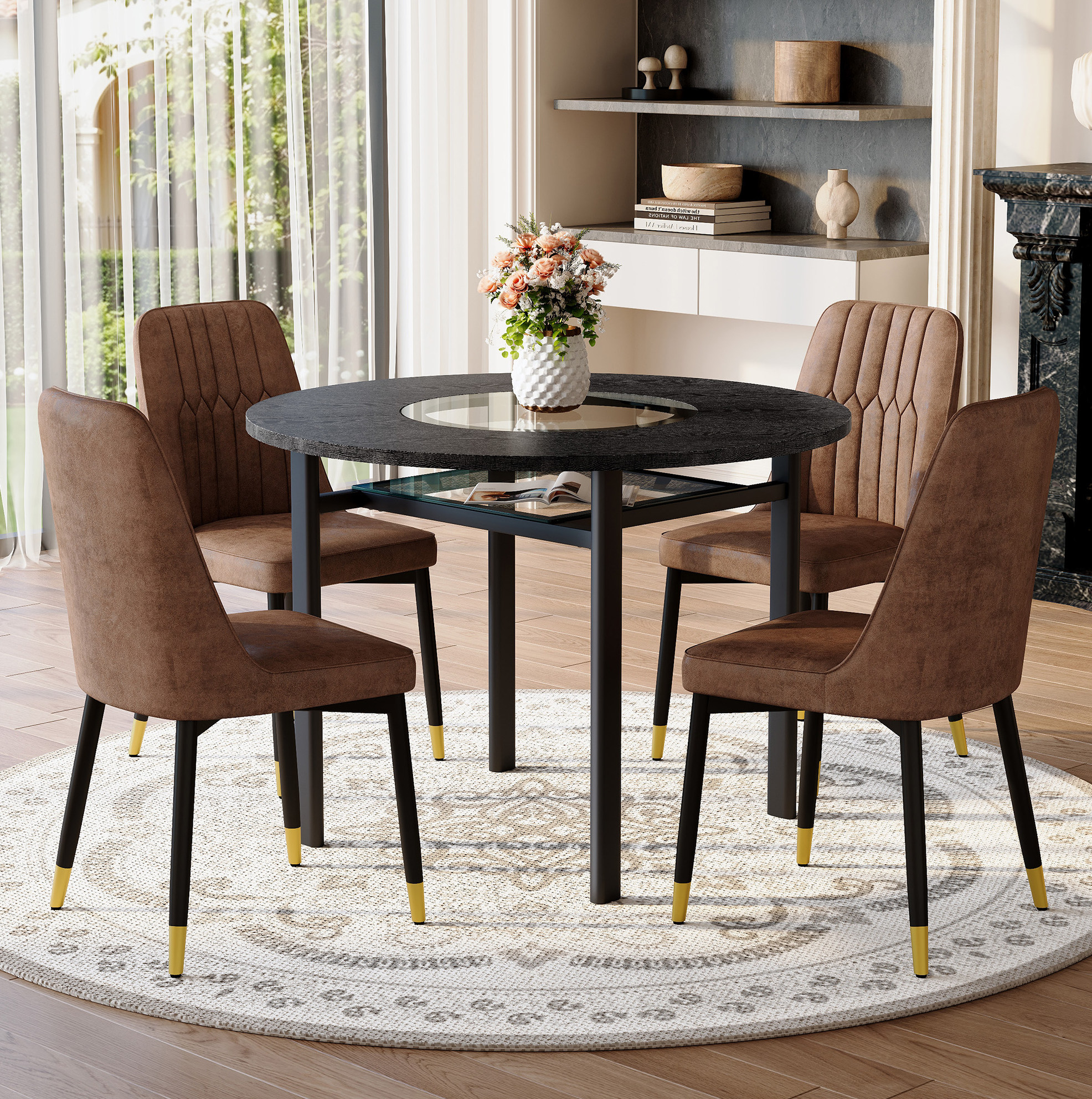 Redom - Ensemble Table À Manger Ronde 100 Cm, Plateau Mdf Effet Bois Noir, Insert En Verre, 4 Chaises, Tissu Technique Marron