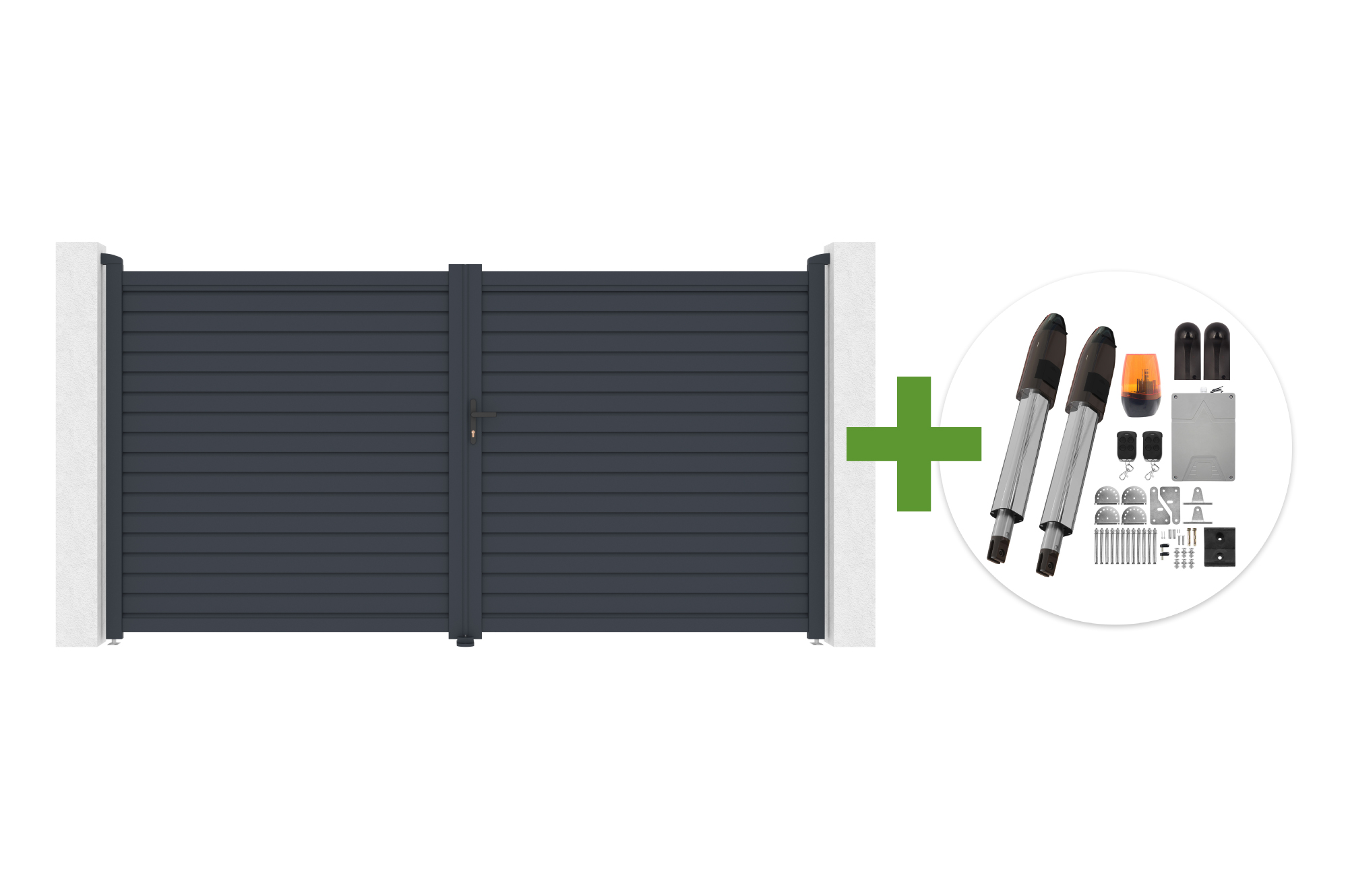 Portail Battant 3,5m Calancia H.180cm Lames Persiennes Aluminium Gris + Moteur Tanker B700