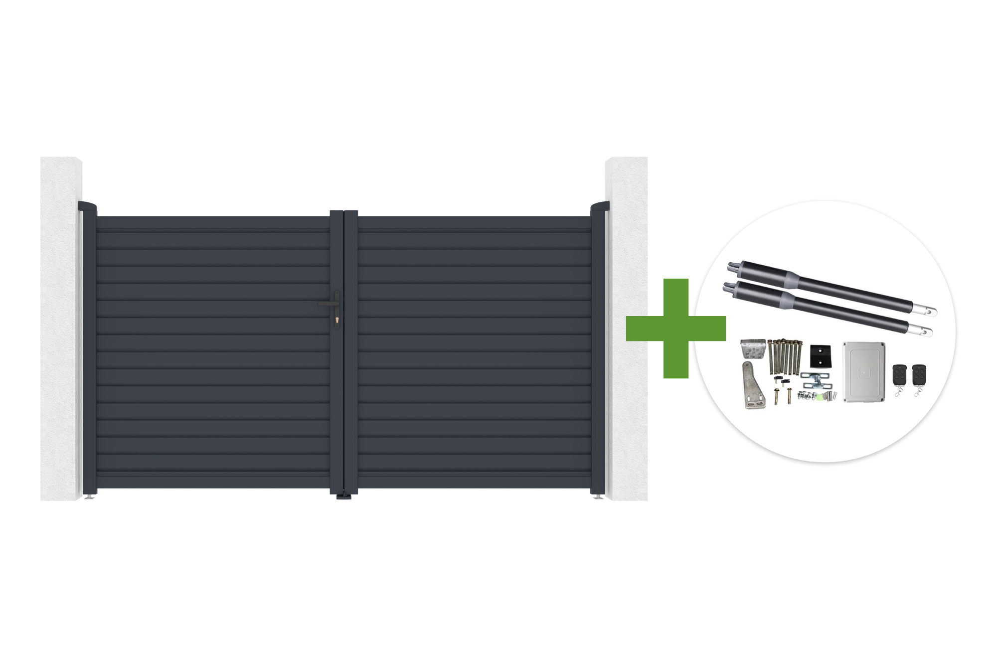 Portail Battant 3m Calancia H.160cm Lames Persiennes Aluminium Gris + Moteur Ranger B150
