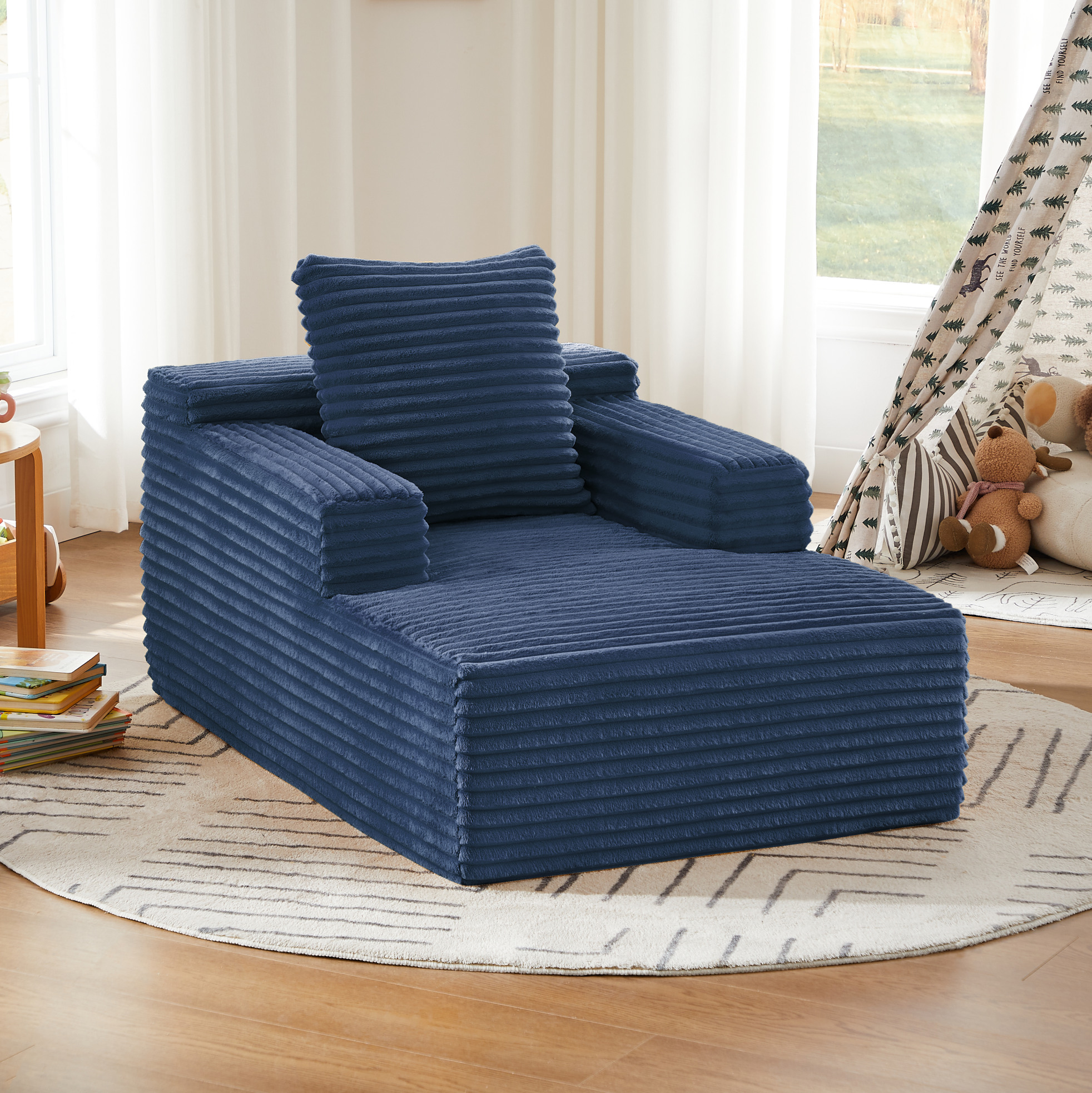 Chaiselongue En Corduroy Bleu, Fauteuil Relax 1 Place Sans Montage, Redom