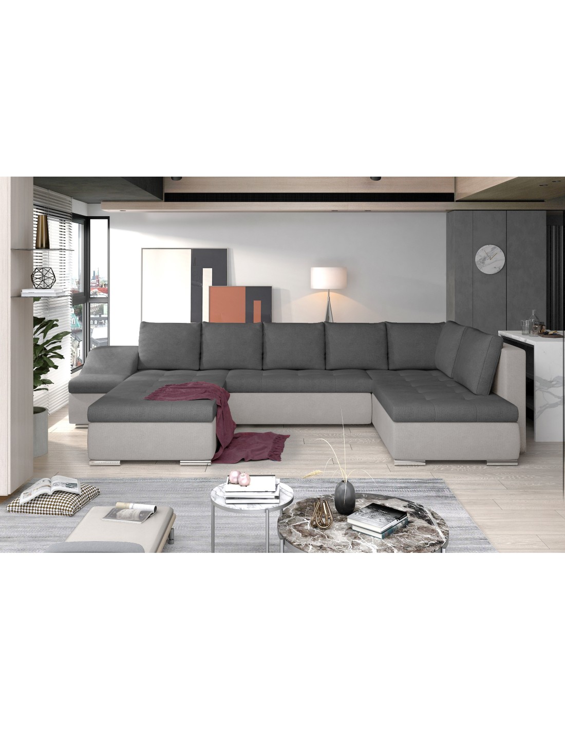 Canapé Panoramique Gyovani Gris Foncé Et Gris Clair Angle Gauche Convertible Avec Têtières