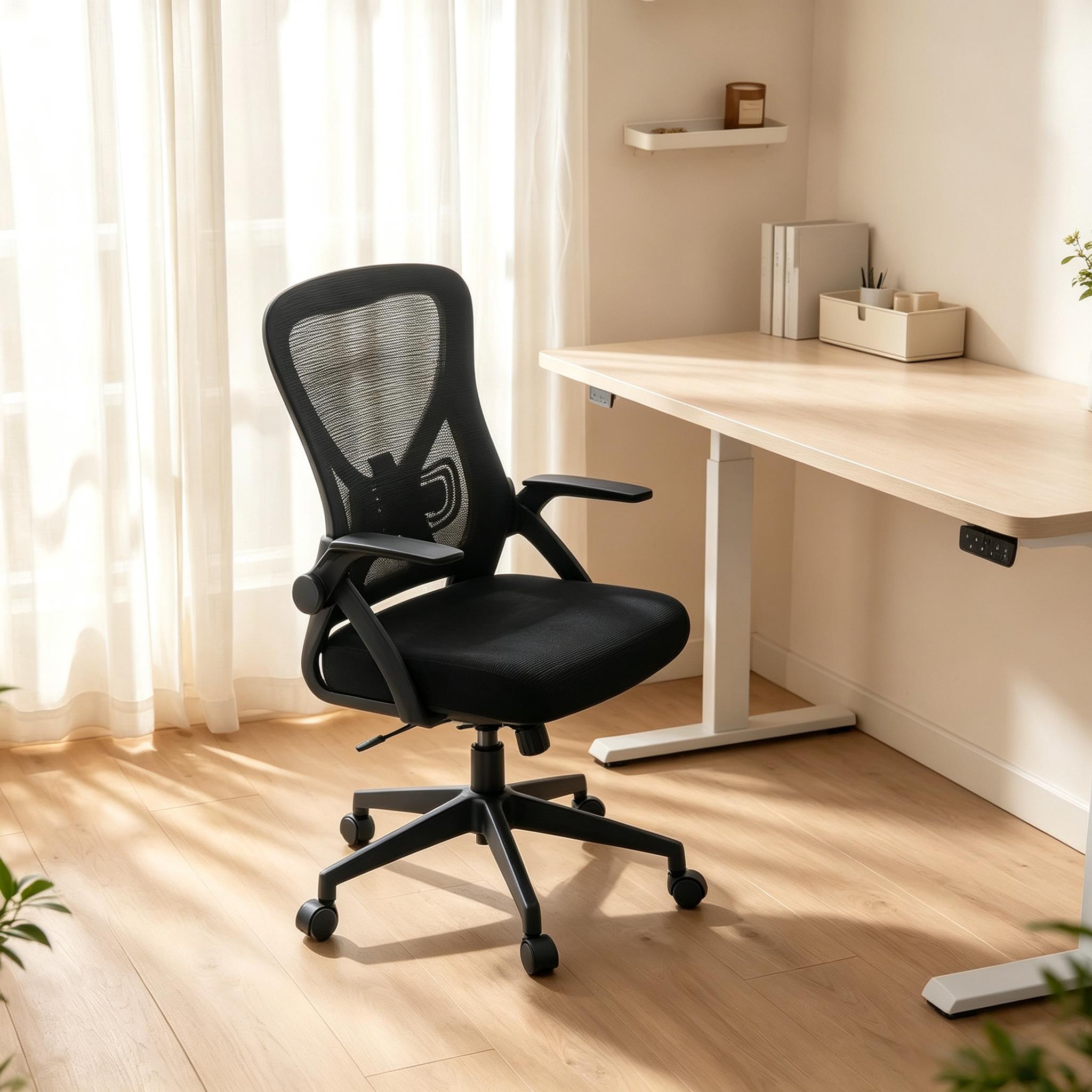 Chaise De Bureau Ergonomique Pivotante Noire Avec Accoudoirs Rabattables, Redom