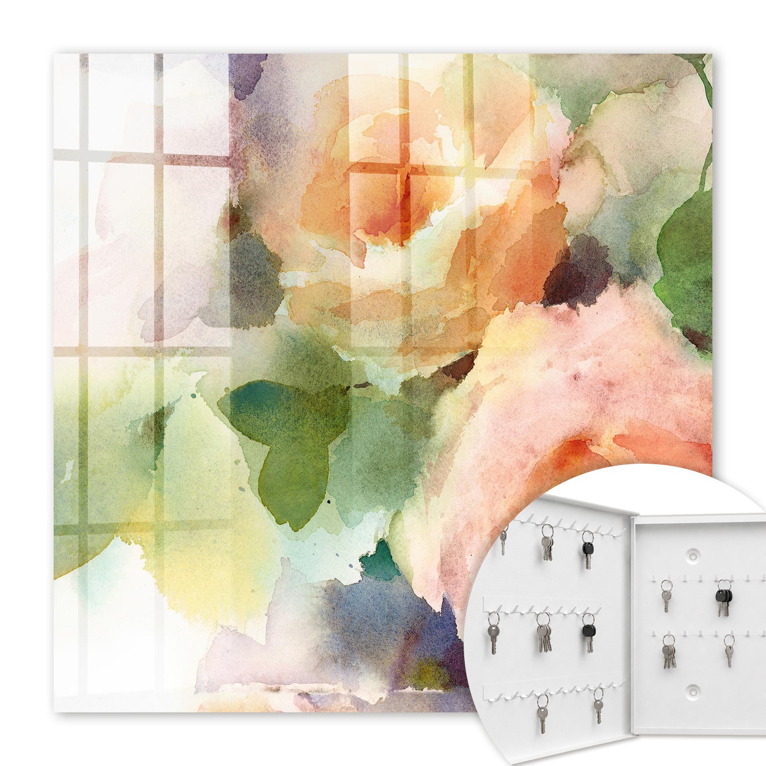 Armoire À Clés - (30 Cm X 30 Cm) - Boîte À Clés Murale - Coffret De Rangement Pour Clés - Couleur Blanche - Ouverture Vers La Gauche - Pour Maison Et Bureau - Fleurs À L'Aquarelle