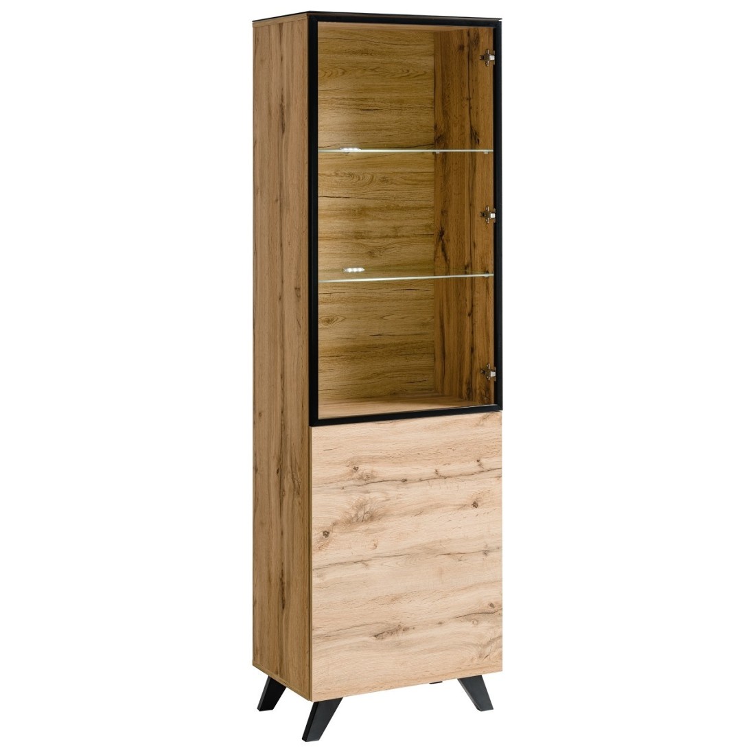 Meublorama - Vitrine Tino Avec Led - Dimensions 60x197x40 Cm - Panneaux De Particules Et Mdf - Finition Chêne Et Noir - 2 Portes Battantes
