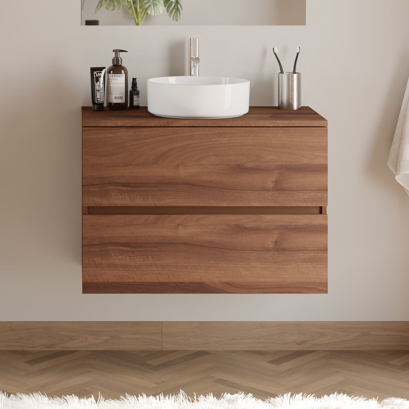Meuble De Salle De Bain 80cm Avec Plateau Et Vasque À Poser Ronde - 2 Tiroirs - Sans Miroir - Noyer (bois Foncé) - Ida