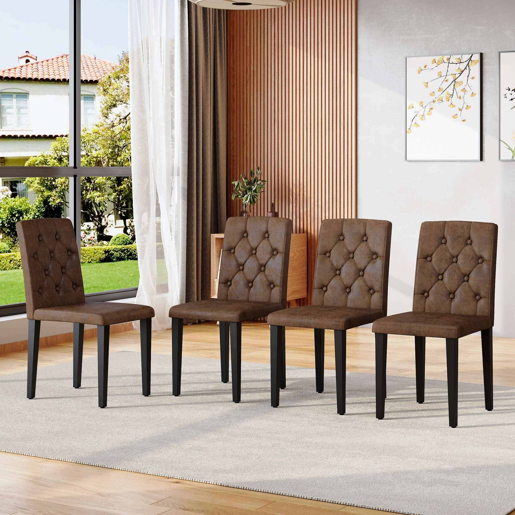 Redom - Lot De 4 Chaises De Salle À Manger, Dossier Capitonné À Losanges Avec Boutons, Tissu Aspect Velours Marron Rétro, Métal Noir