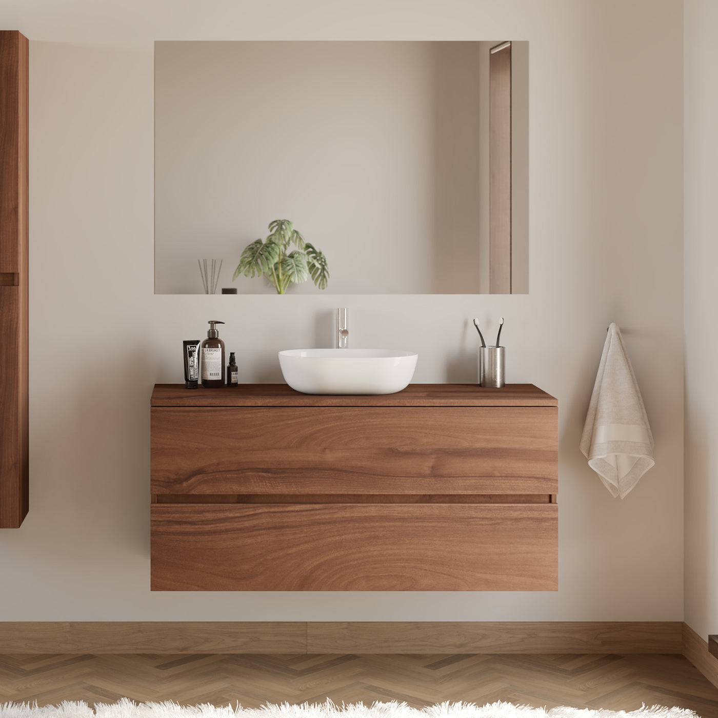 Meuble De Salle De Bain 120cm Avec Plateau Et Vasque À Poser Arrondie - 2 Tiroirs - Noyer (bois Foncé) - Ida