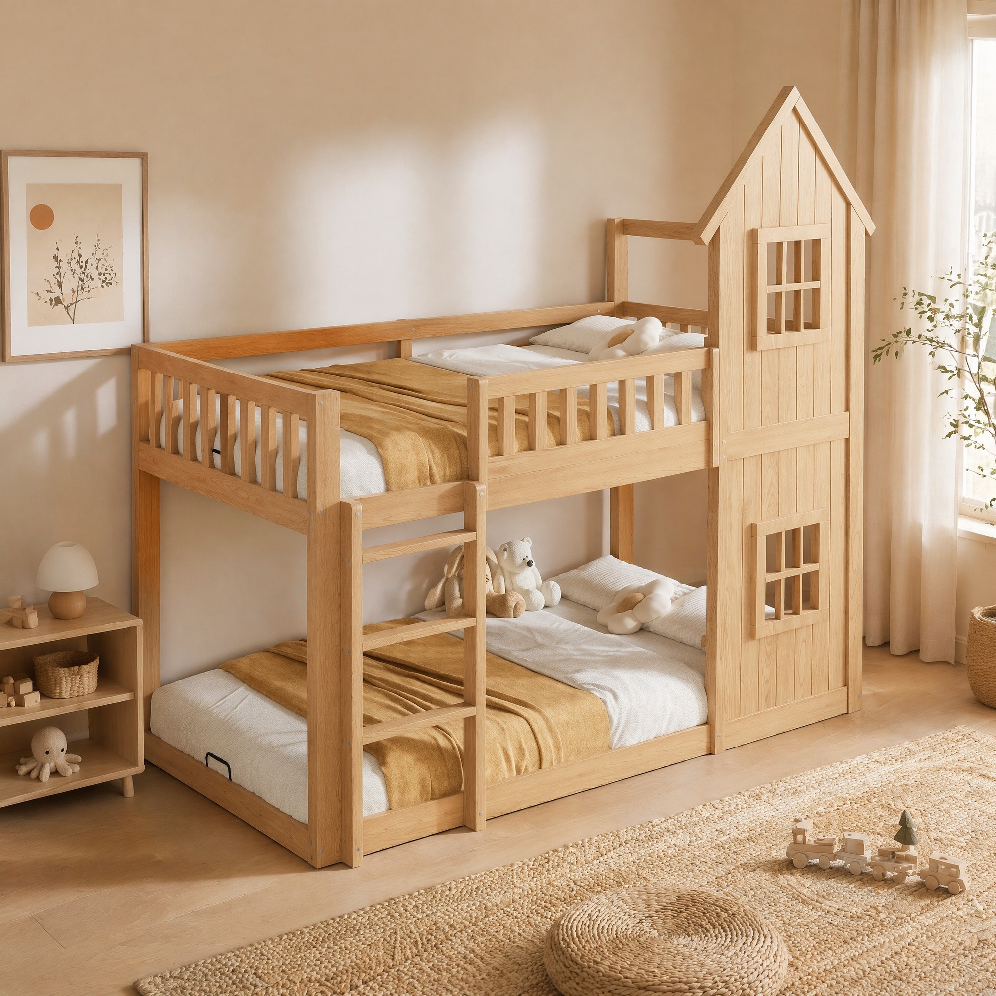 Lit Superposé Enfant Maison, 2 Fenêtres, Escalier 3 Marches, 90x200 Cm, Pin Et Mdf, Naturel