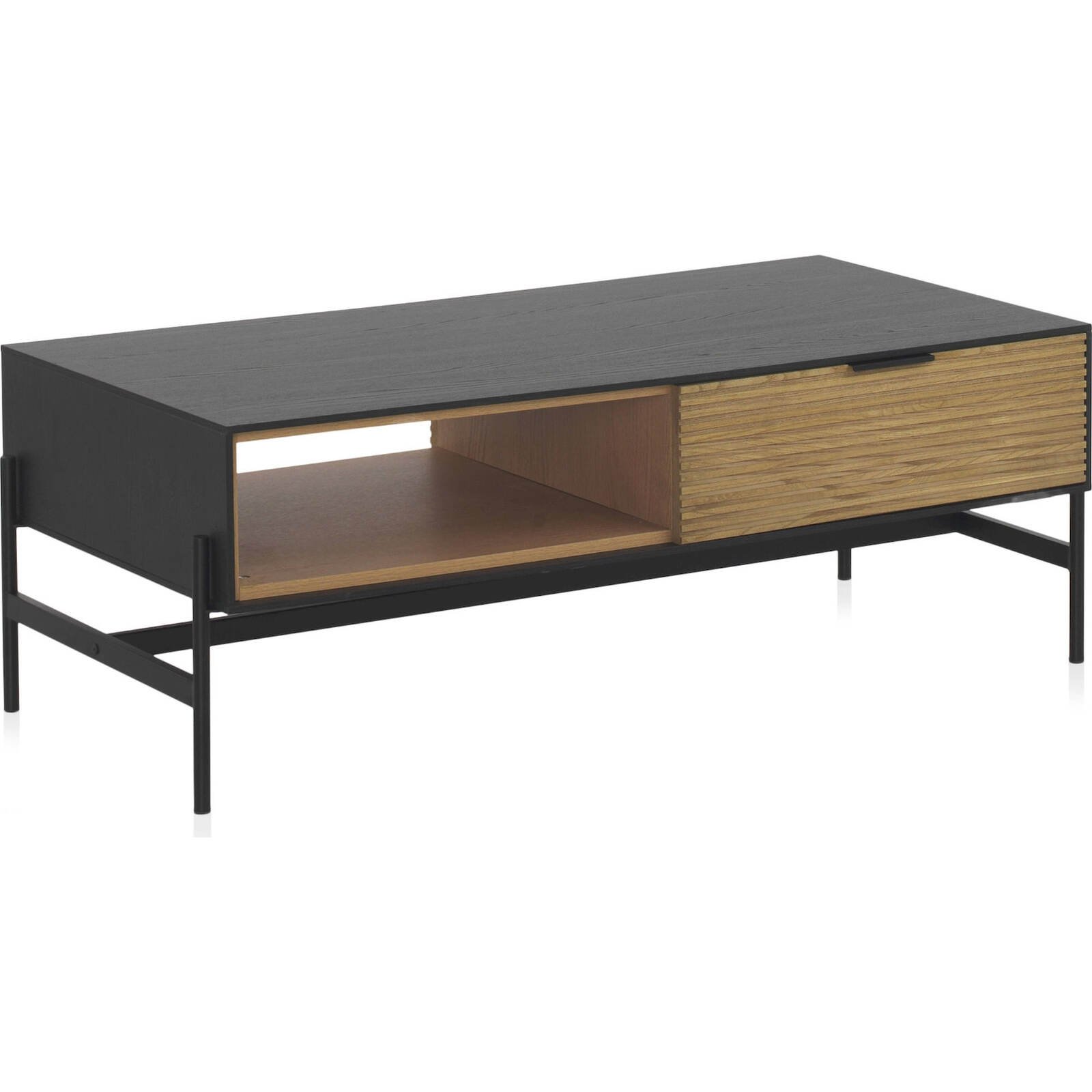 Table Basse Bois Noir Avec Tiroirs Et Piètement Métal Noir - Noir Frêne Et Bois Naturel
