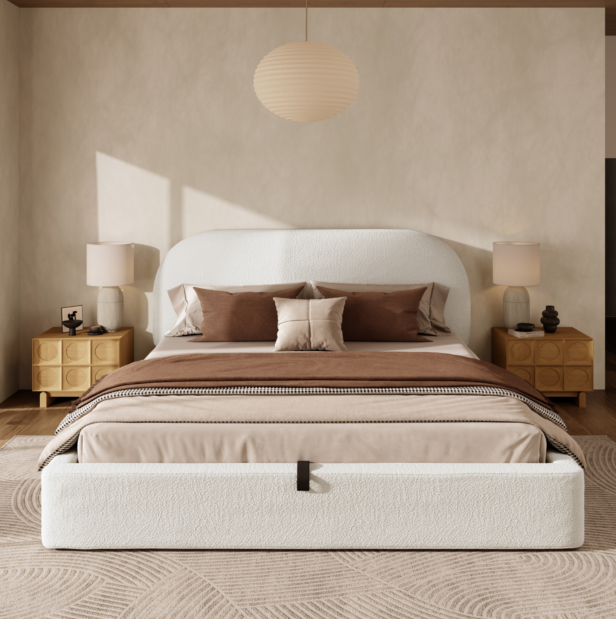 Lit Double 160 X 200 Cm En Bouclé Beige, Lit Hydraulique Avec Sommier Et Rangements