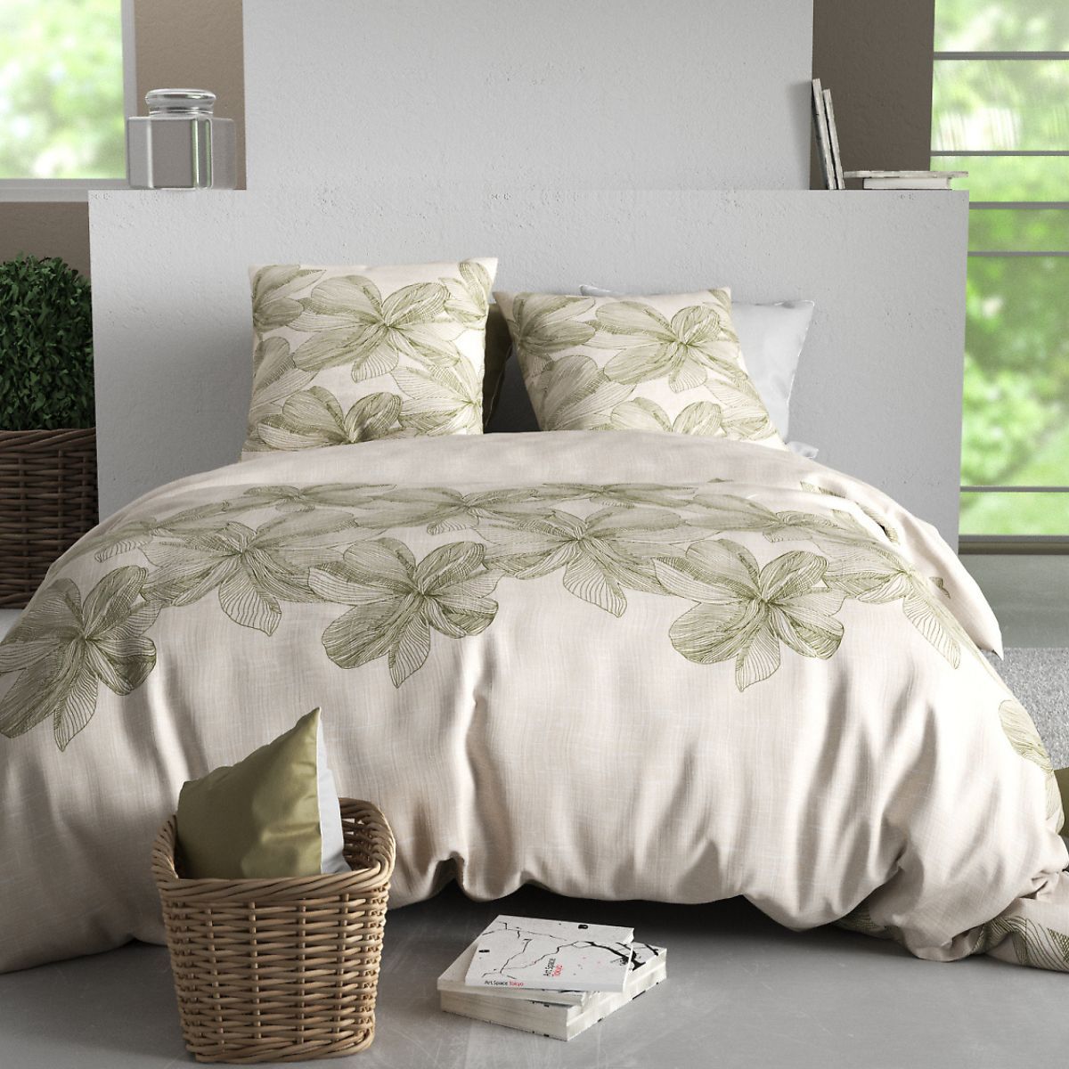 Parure Housse De Couette 240x220cm + 2 Taies Motif Fleurs Beige Et Vert 100% Coton - Artus