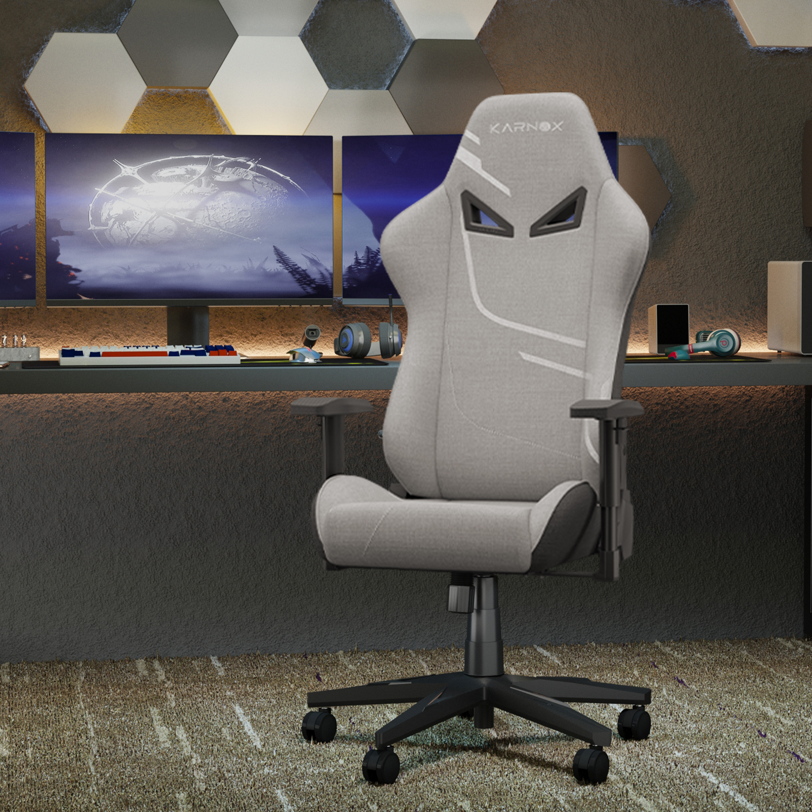 Chaise Gaming Ergonomique En Tissu Gris Clair, Dossier Haut, Appui-tête Et Soutien Lombaire