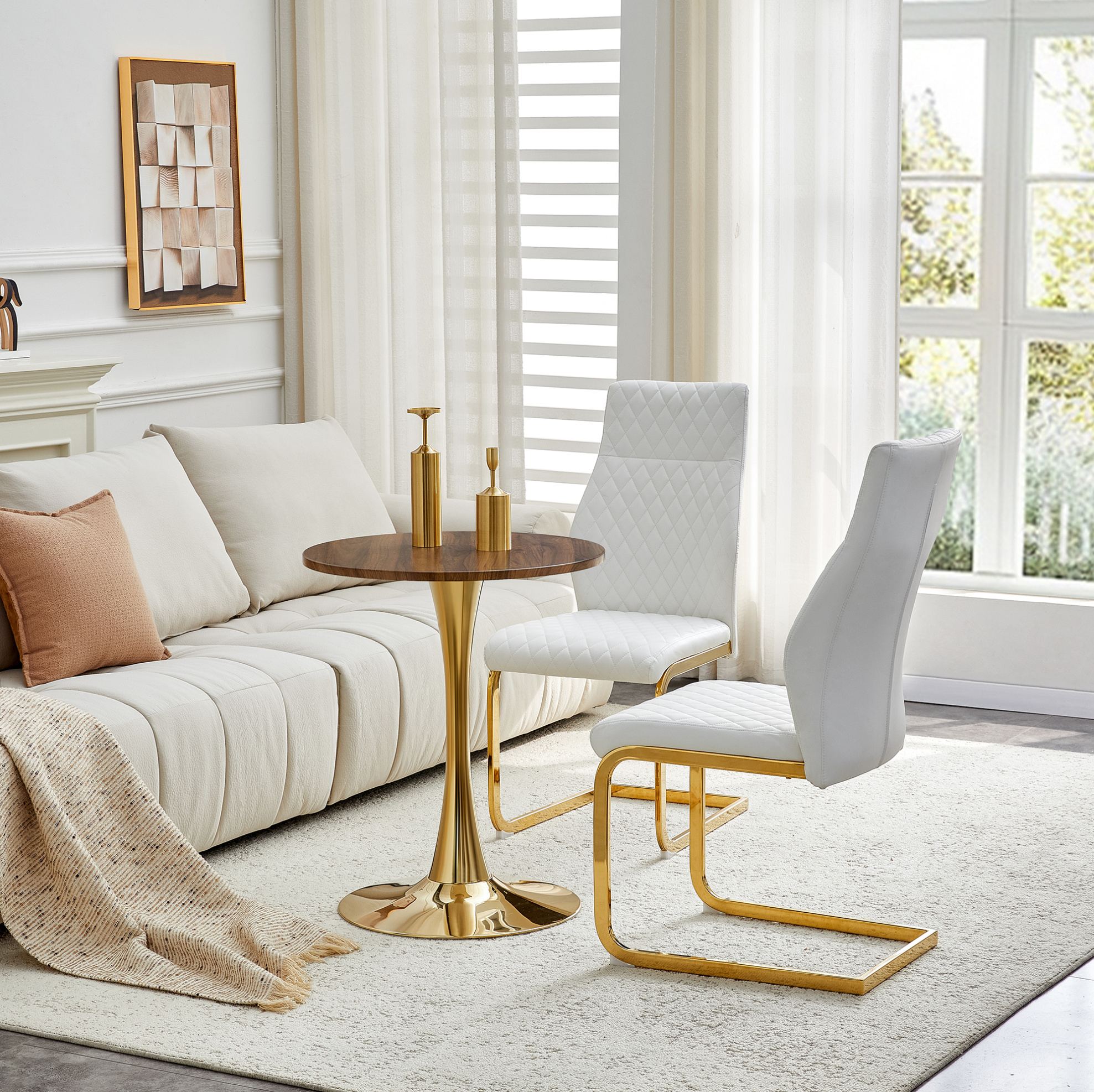 Ensemble Table Ronde 60 Cm En Mdf Effet Noyer Avec 2 Chaises Blanches, Piètement Or