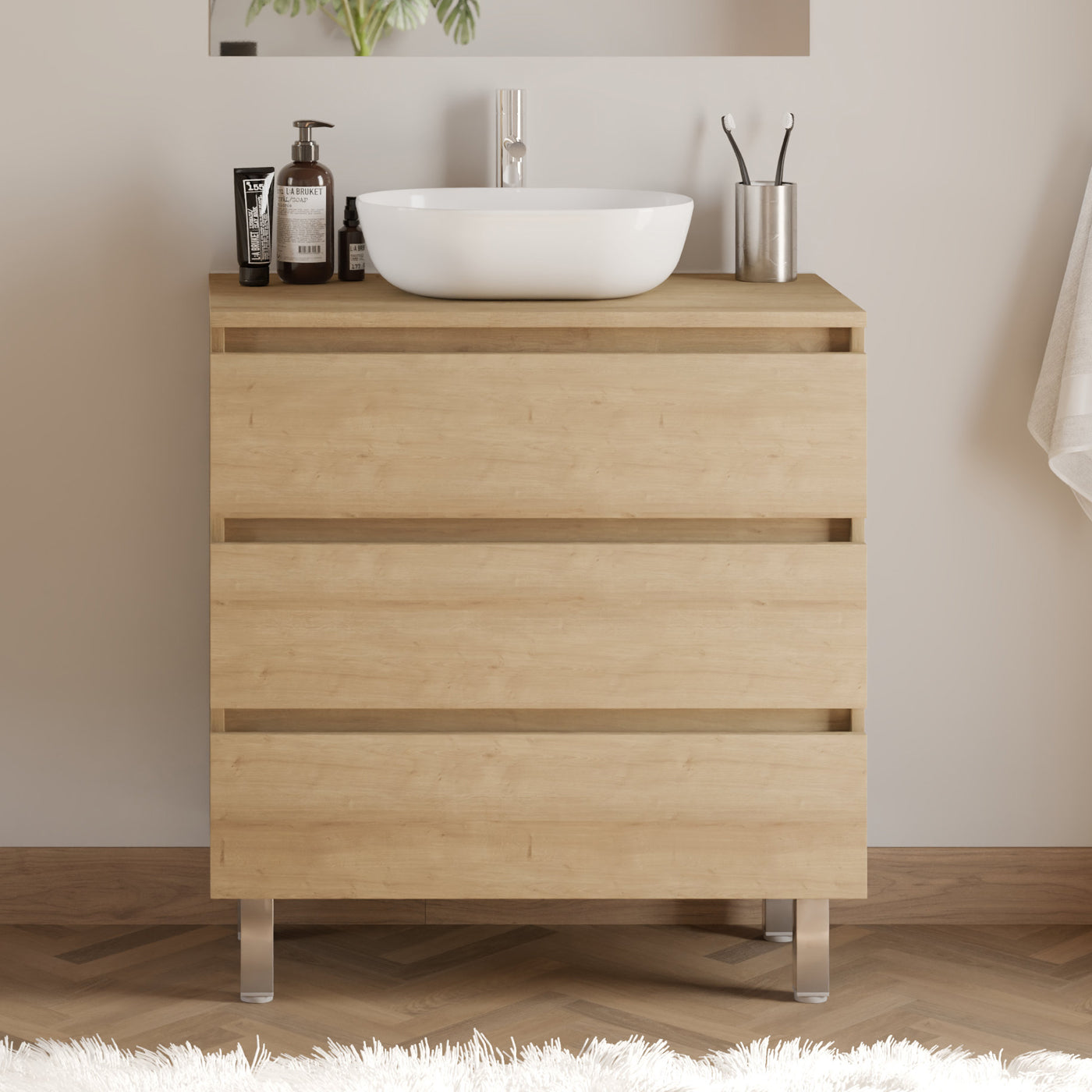 Meuble De Salle De Bain 80cm Avec Plateau Et Vasque À Poser Arrondie - 3 Tiroirs - Sans Miroir - Nebraska (chêne Clair) - Mayor