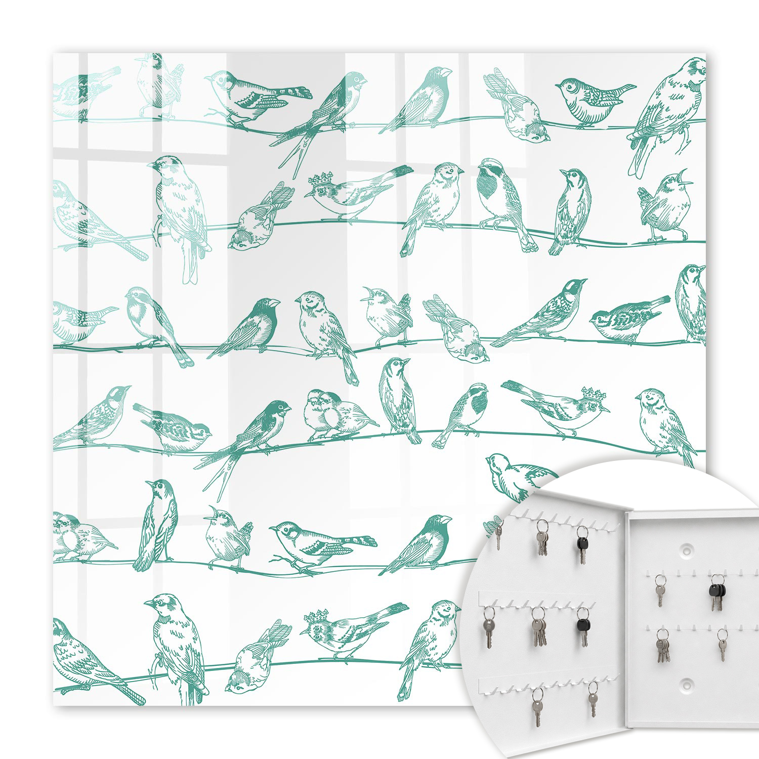 Armoire À Clés - (30 Cm X 30 Cm) - Boîte À Clés Murale - Coffret De Rangement Pour Clés - Couleur Blanche - Ouverture Vers La Gauche - Pour Maison Et Bureau - Oiseaux Sur Les Branches