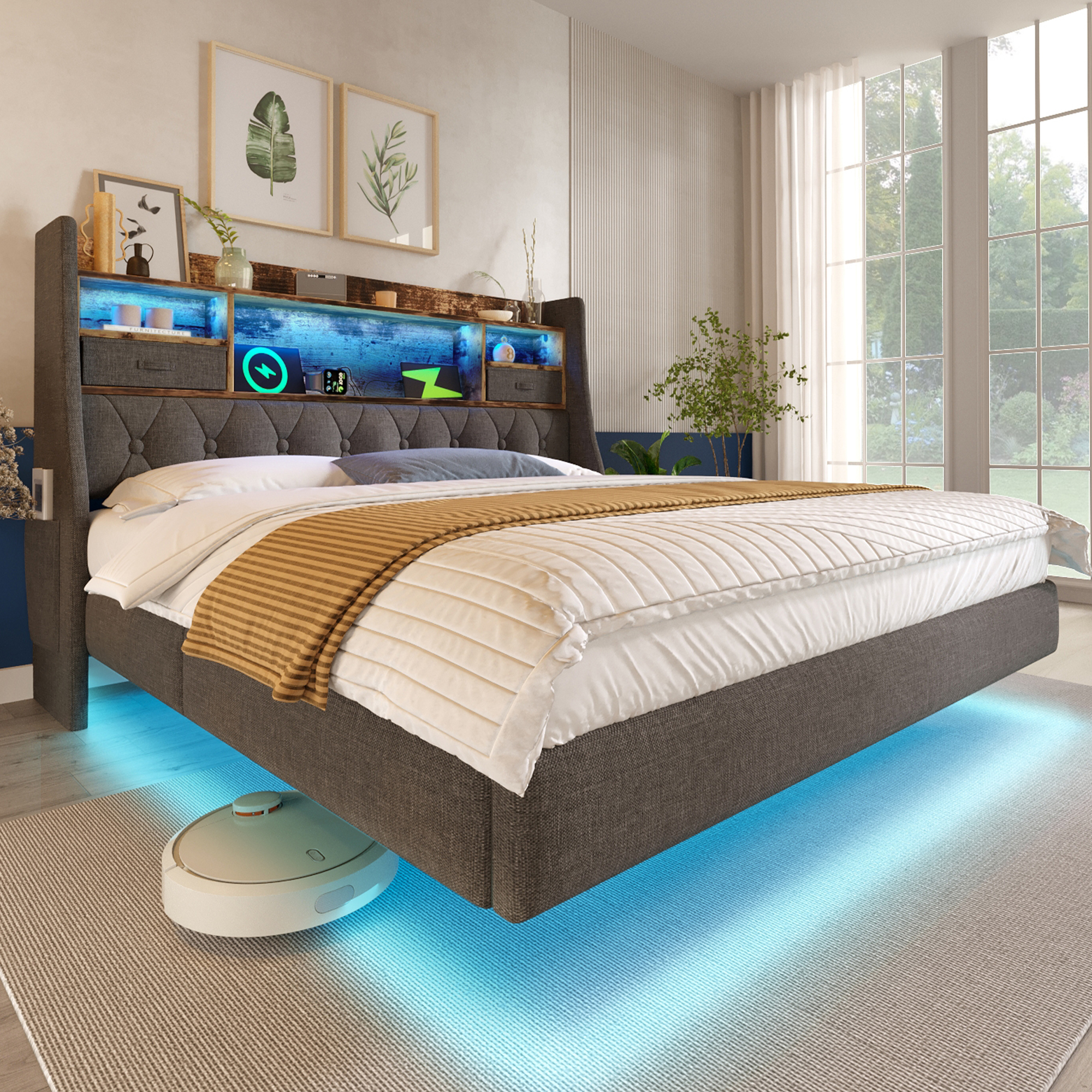 Redom Lit Double 140x200 Cm Avec Led, Tête De Lit Avec Rangement Et Ports Usb Type C, Lin Gris (sans Matelas)