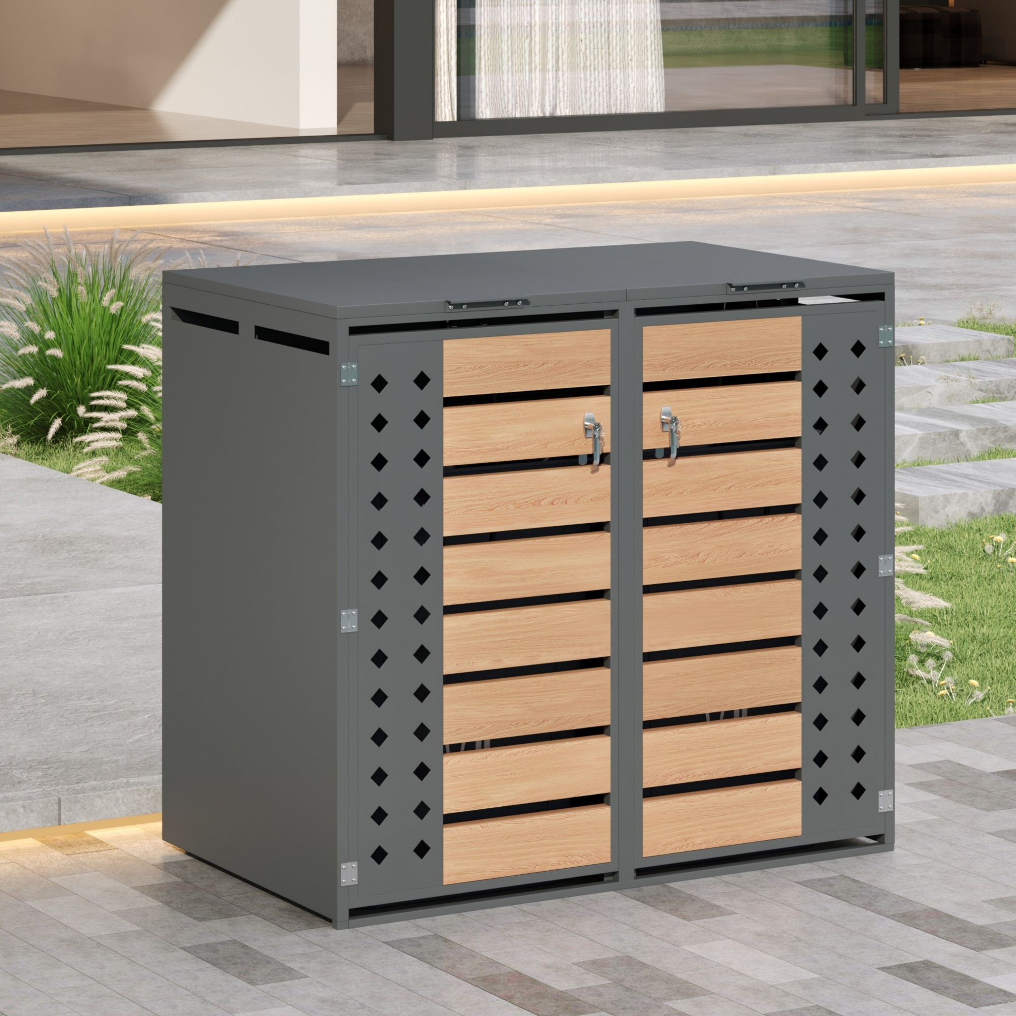 Redom Abri Cache-poubelles Double, Couvercle Hydraulique, 2 Compartiments Verrouillables, Acier Gris Aspect Bois