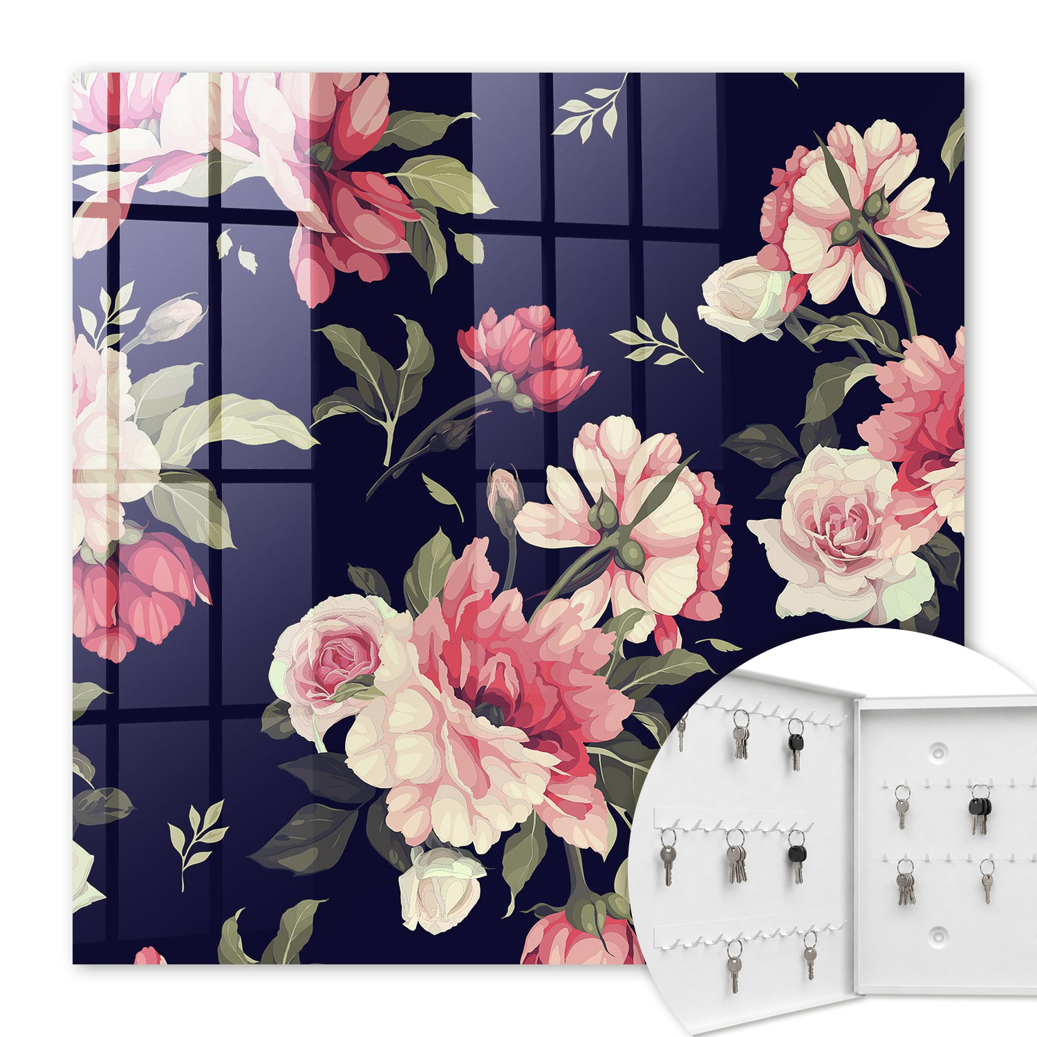 Armoire À Clés - (30 Cm X 30 Cm) - Boîte À Clés Murale - Coffret De Rangement Pour Clés - Couleur Blanche - Ouverture Vers La Gauche - Pour Maison Et Bureau - Fleurs Romantiques