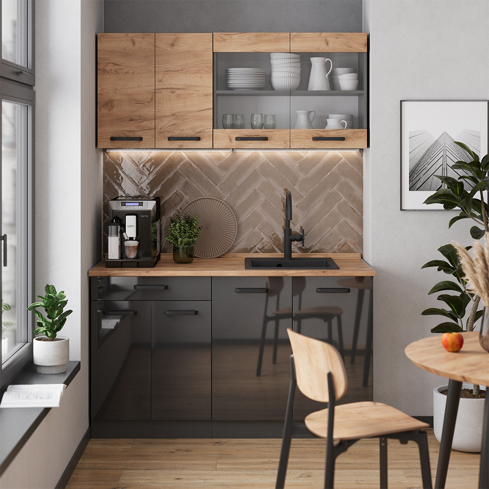 Cuisine R-line, Chêne Doré/anthracite, 140cm Armoires Bicolores, Pt Chêne, Vicco