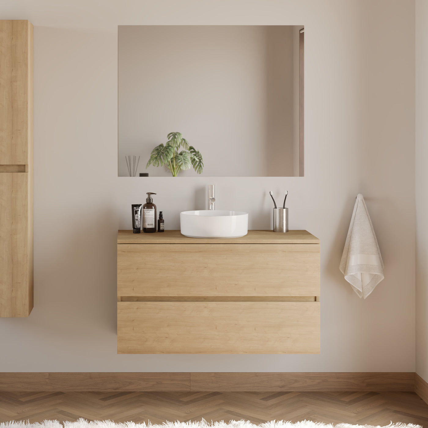 Meuble De Salle De Bain 100cm Avec Plateau Et Vasque À Poser Ronde - 2 Tiroirs - Nebraska (chêne Clair) - Ida