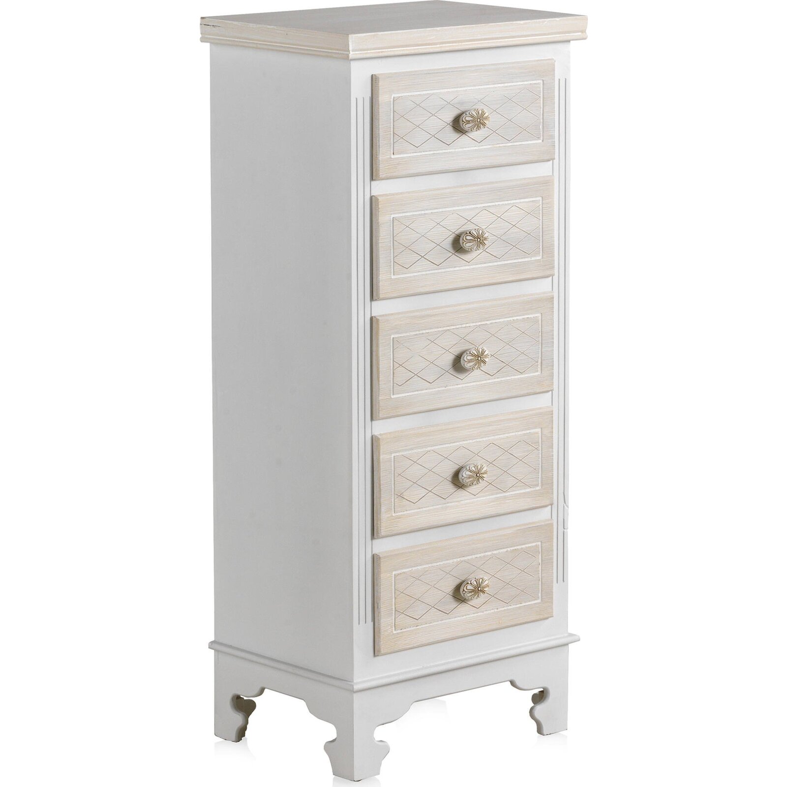 Chiffonnier Bois Blanc Romantique 5 Tiroirs Crème Élégant - Blanc Crème Texturé