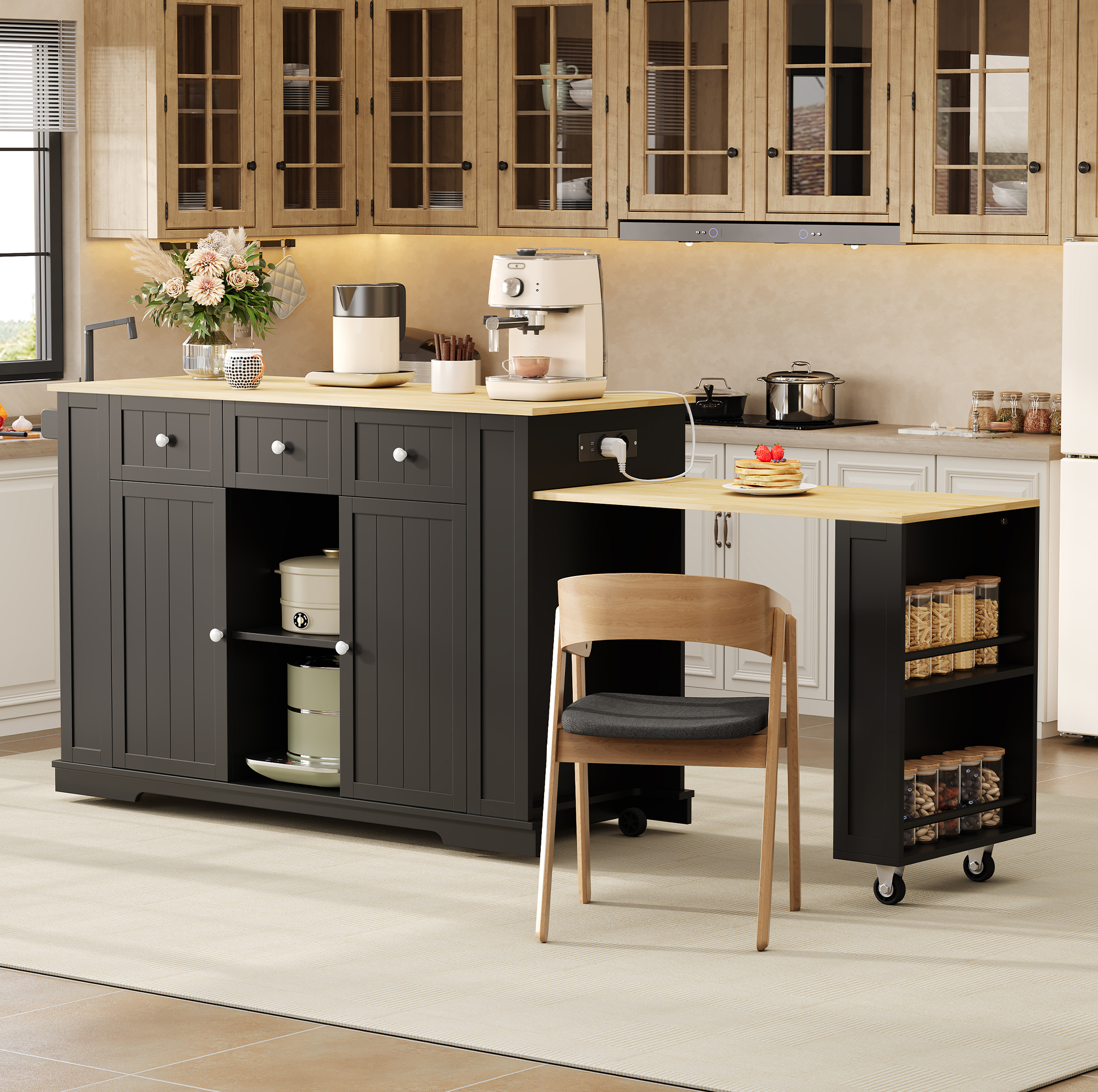 Îlot De Cuisine Mobile Avec Table Extensible, 138(213) X 55 X 93 Cm, Mdf, Noir/naturel