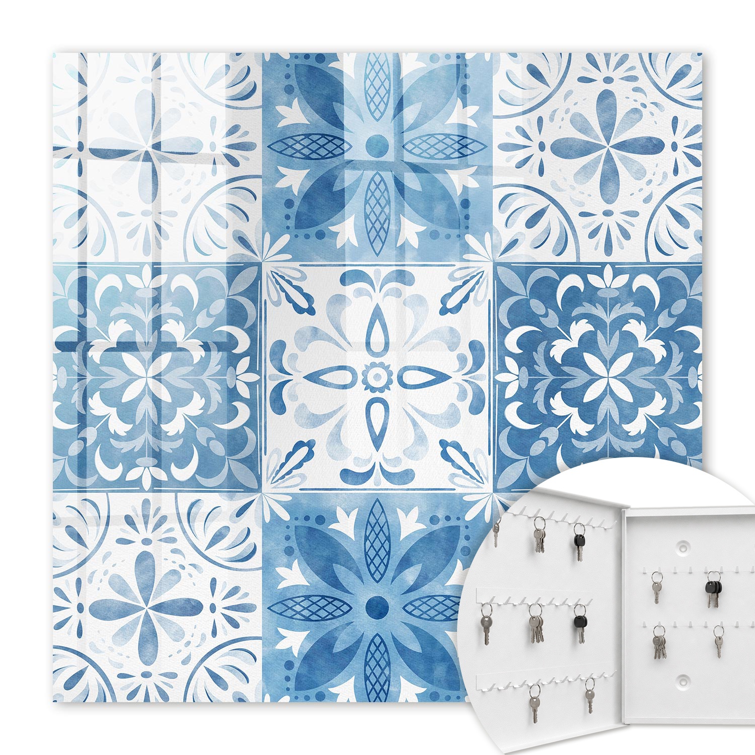Armoire À Clés - (30 Cm X 30 Cm) - Boîte À Clés Murale - Coffret De Rangement Pour Clés - Couleur Blanche - Ouverture Vers La Gauche - Pour Maison Et Bureau - Carreaux Géométriques
