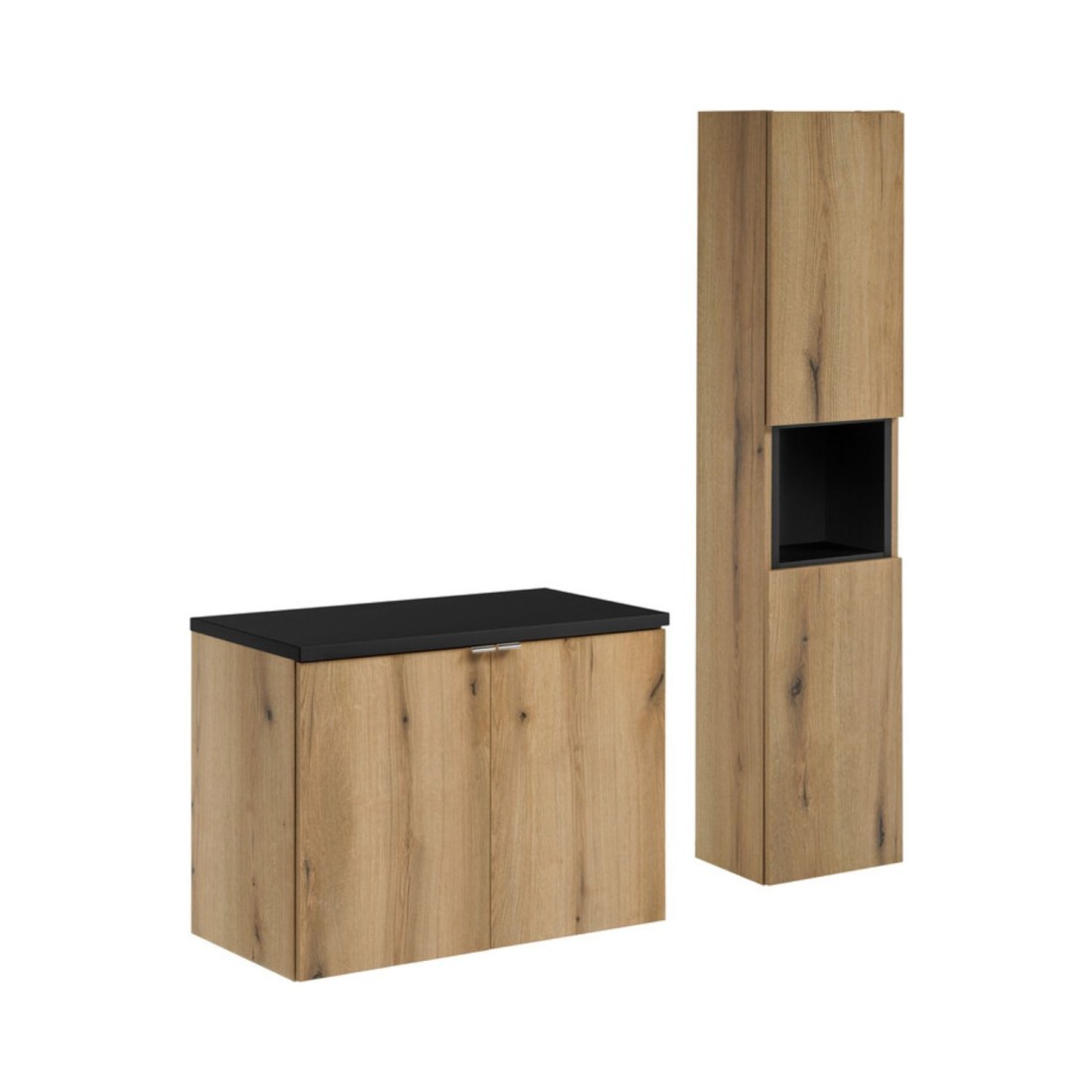 Ensemble De Salle De Bain Vano Aspect Chêne Et Noir 110cm: Meubles Sous Vasque À Placards + Plan Pour Vasque + Colonne