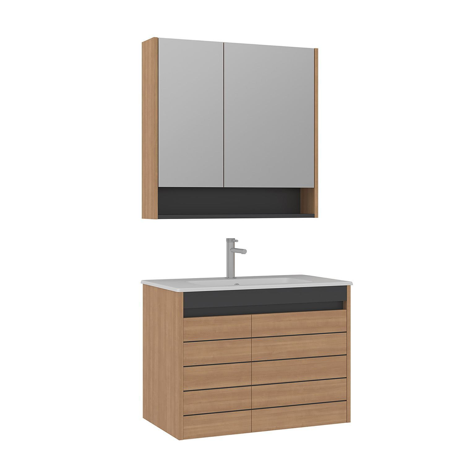 Meuble Avec Simple Vasque Et Miroir "ricato 80" - 81 X 47 X 62 Cm - Oak