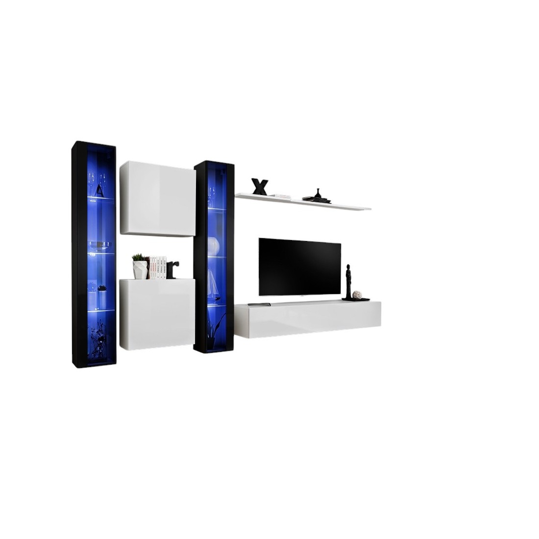 Meublorama - Ensemble Meuble Salon Mural Switch Xvi Design, Coloris Blanc Et Noir Brillant.