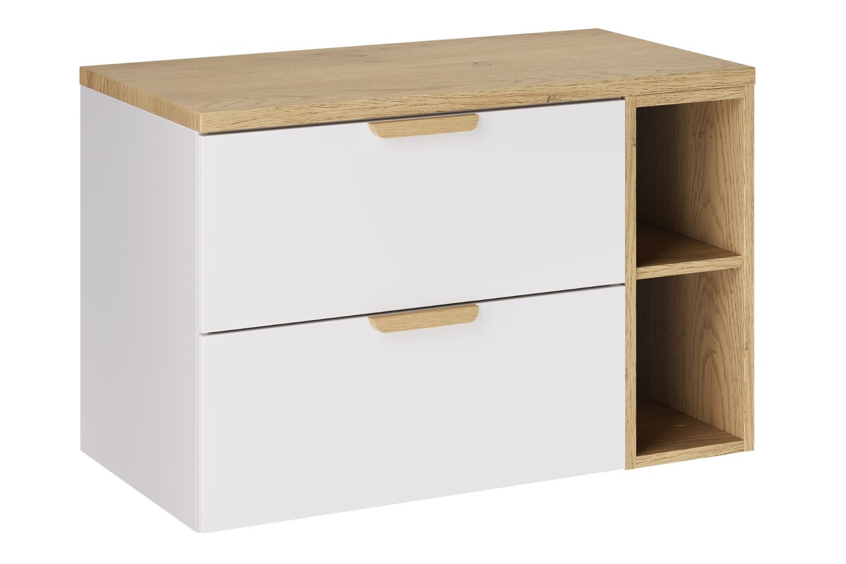 Meuble Sous Vasque Suspendu Aster Blanc 80 Cm Avec Extension Ouverte Et Plan En Chêne