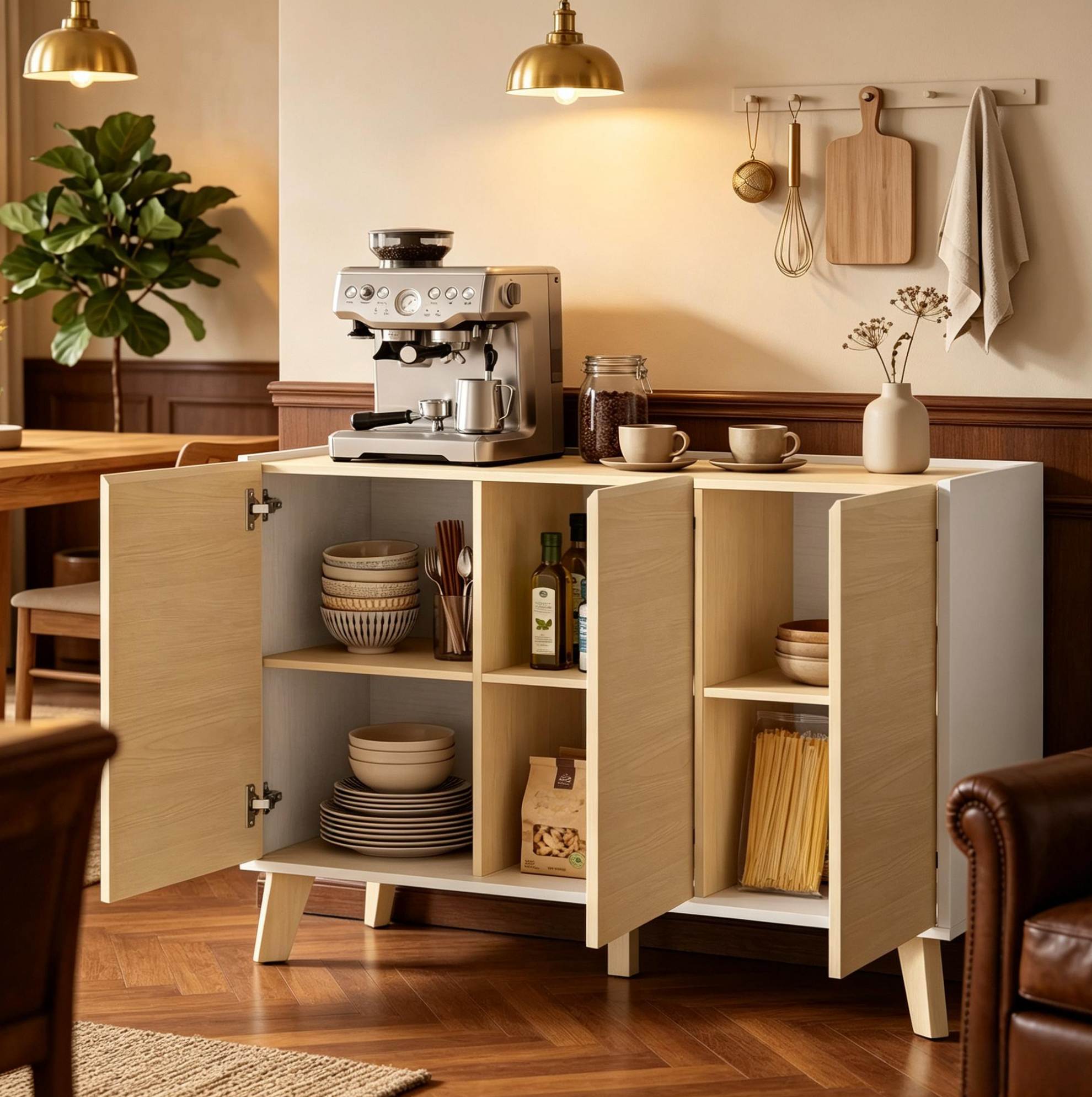 Buffet Nordique 3 Portes, 6 Compartiments, 120 X 35 X 73,5 Cm, Bois Naturel Et Blanc