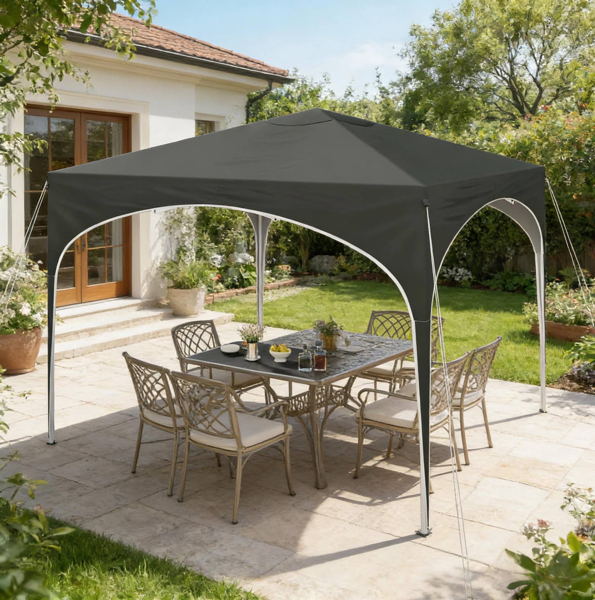 Gazebo Plegable 300x300x258 Cm, Estructura Metálica, Techo Impermeable Con Protección Solar, Tela Oxford Gris